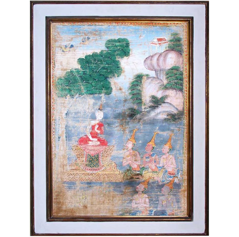 Antique Thai Buddhist painting on cloth, Phra Malai In Good Condition For Sale In Point Richmond, CA