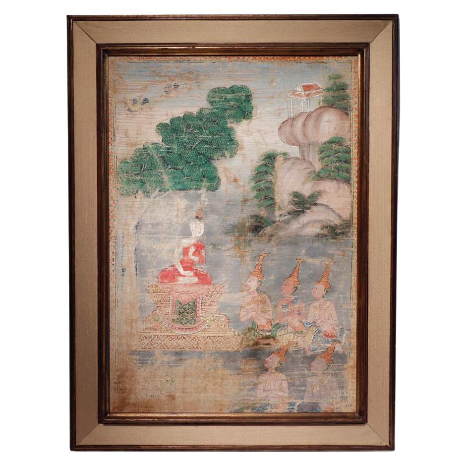 Antique Thai Buddhist painting on cloth, Phra Malai For Sale