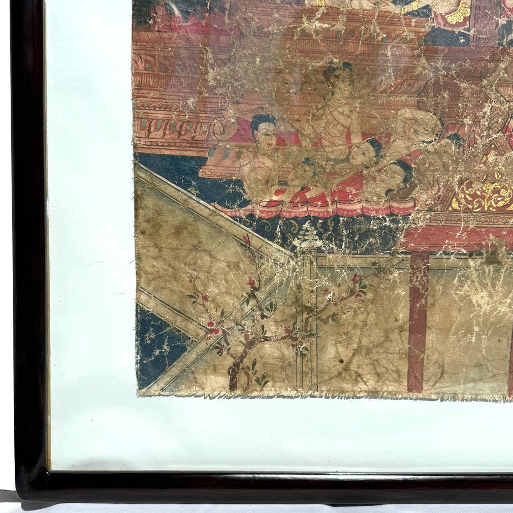 Antico dipinto di scena buddista tailandese su stoffa, scuola di Rattanakosin in vendita 2