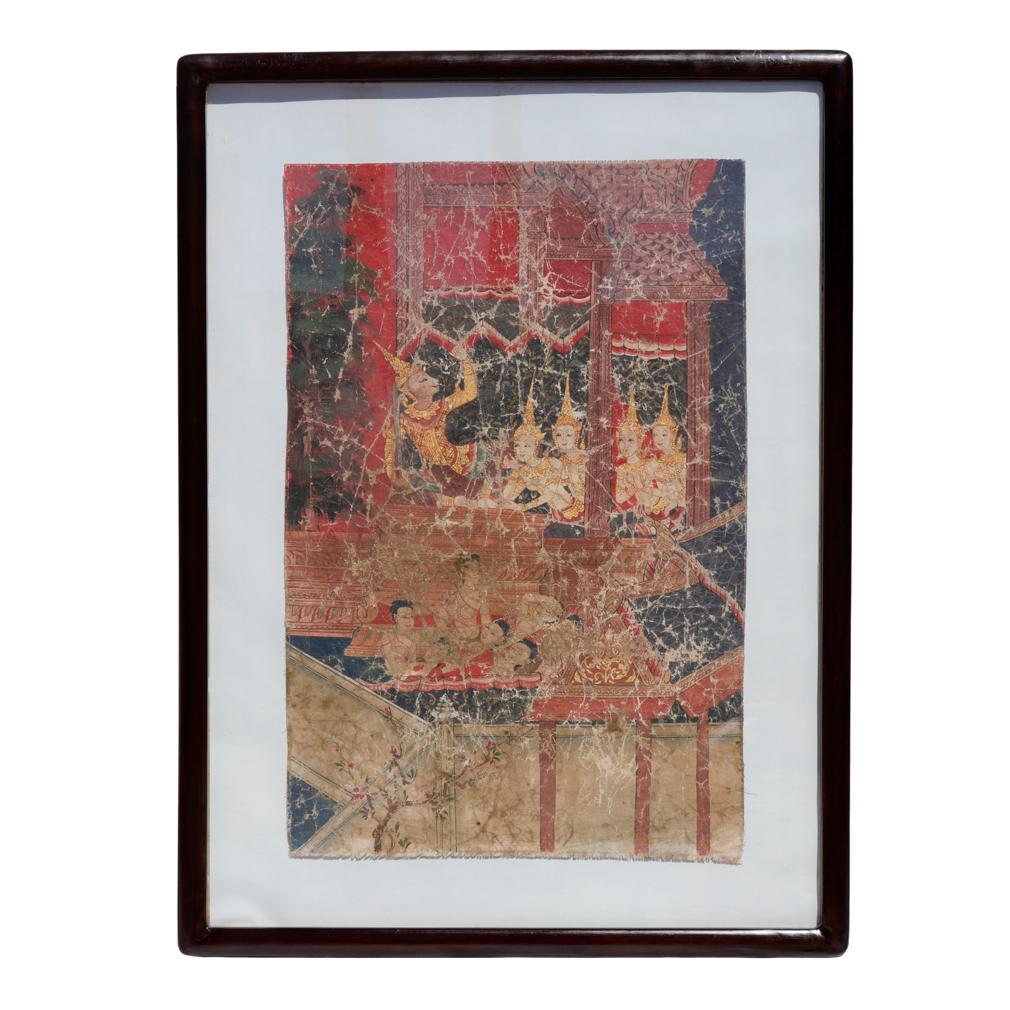 Ancienne peinture thaïlandaise de scène bouddhiste sur tissu, école de Rattanakosin, 19e siècle.
Scène classique du prince Siddhartha renonçant au monde des plaisirs du privilège. Le personnage masculin central, vêtu d'un corsage et d'une couronne