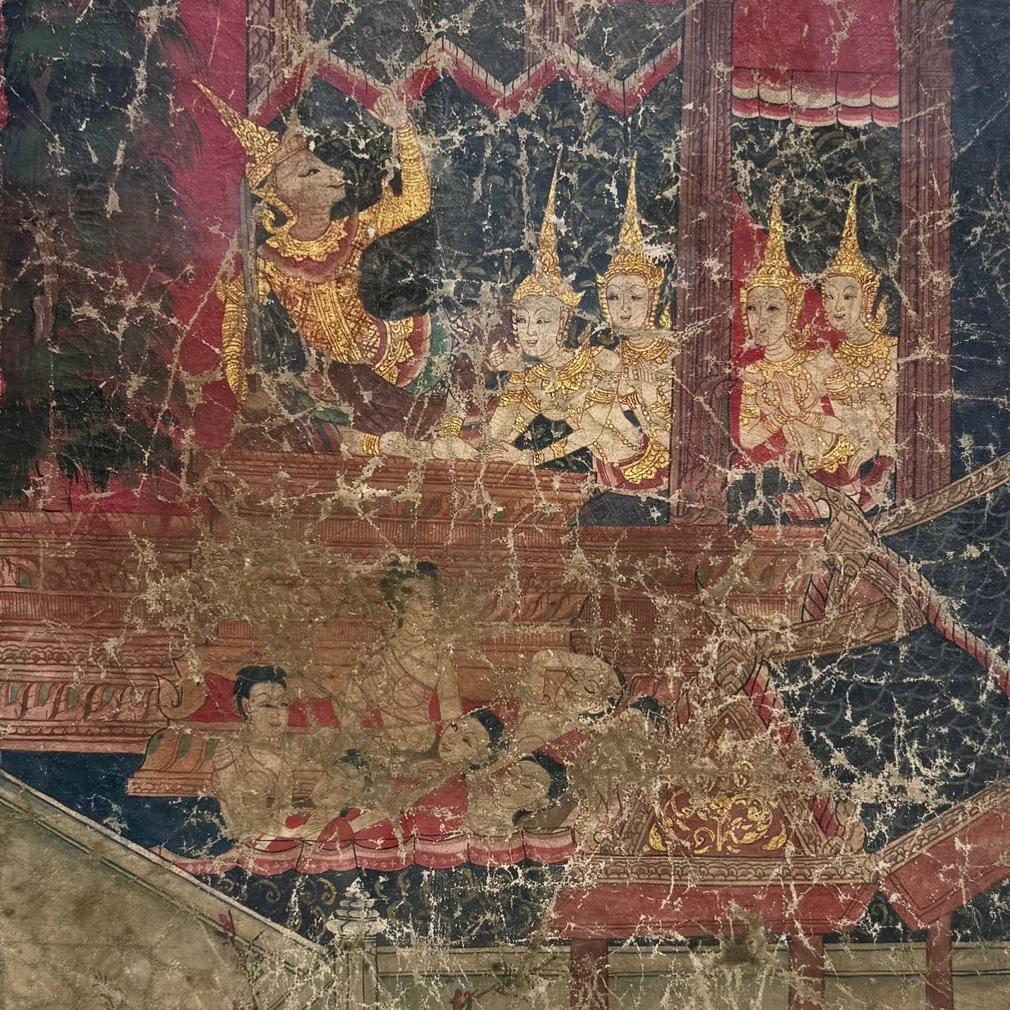 Thailandese Antico dipinto di scena buddista tailandese su stoffa, scuola di Rattanakosin in vendita