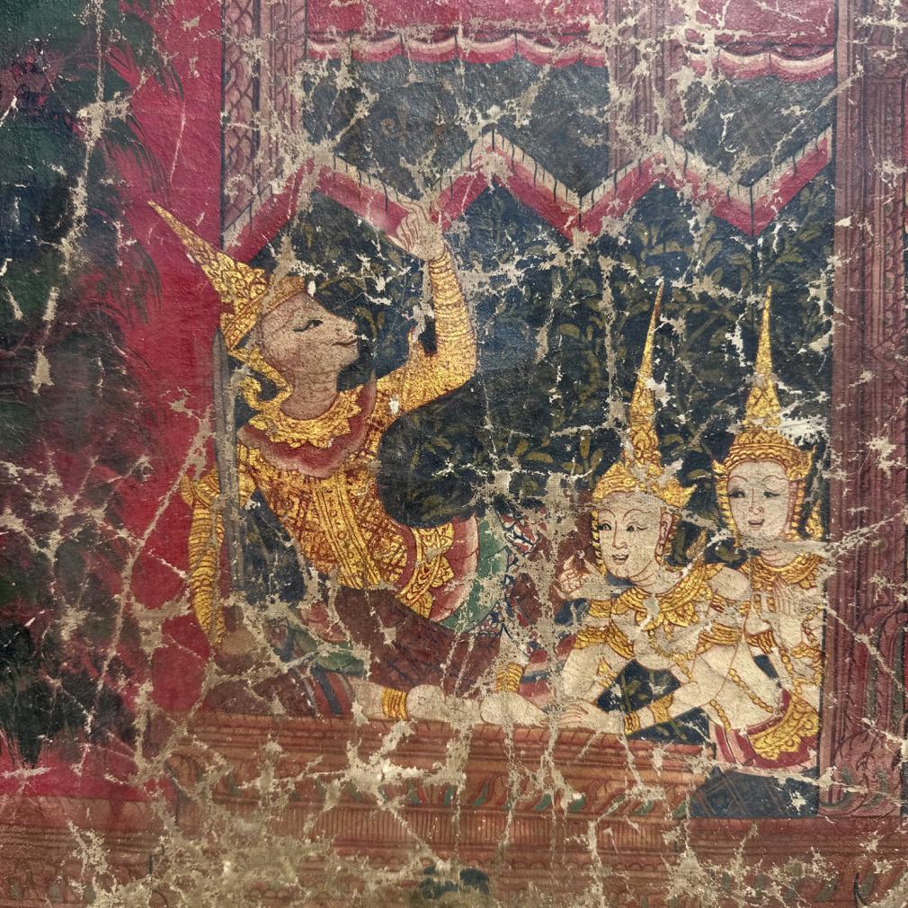 Dipinto a mano Antico dipinto di scena buddista tailandese su stoffa, scuola di Rattanakosin in vendita