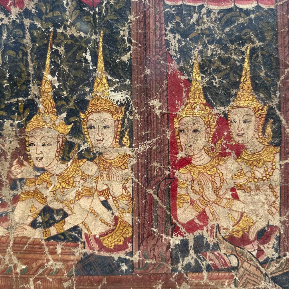 Antico dipinto di scena buddista tailandese su stoffa, scuola di Rattanakosin In condizioni buone in vendita a Point Richmond, CA