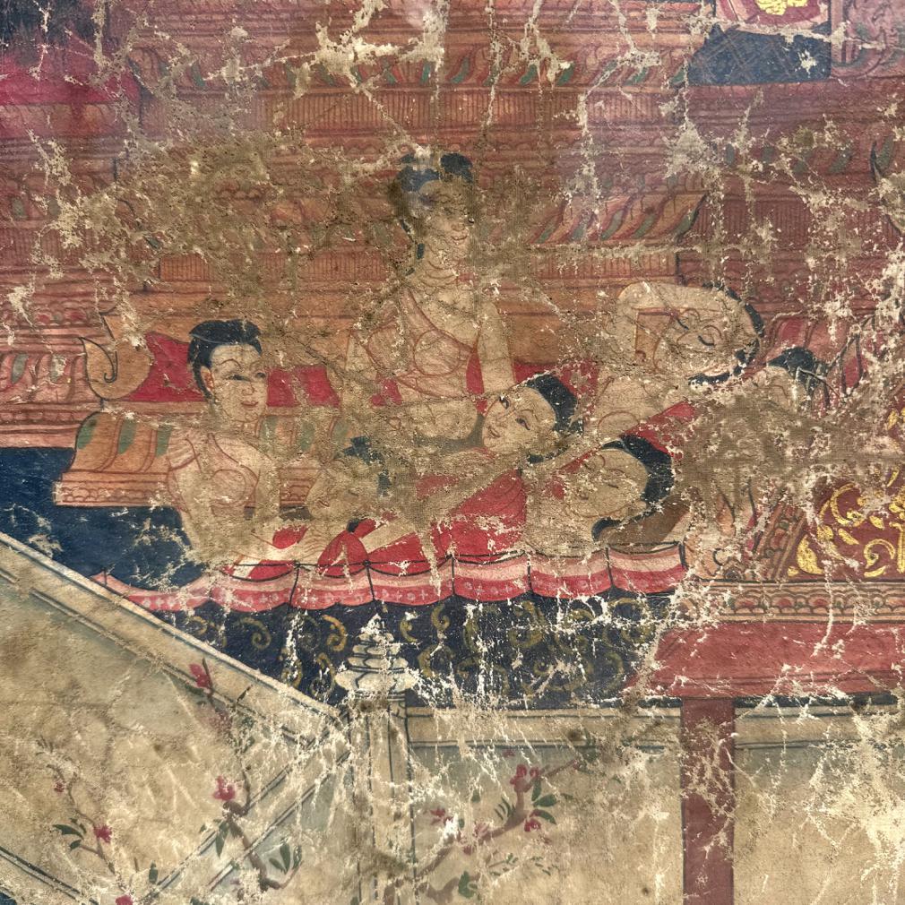 XIX secolo Antico dipinto di scena buddista tailandese su stoffa, scuola di Rattanakosin in vendita
