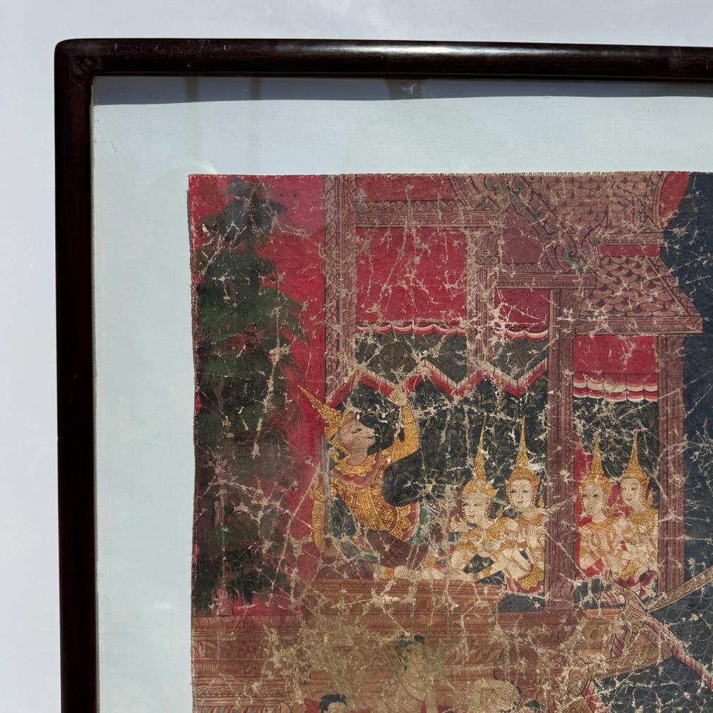 Tela Antico dipinto di scena buddista tailandese su stoffa, scuola di Rattanakosin in vendita