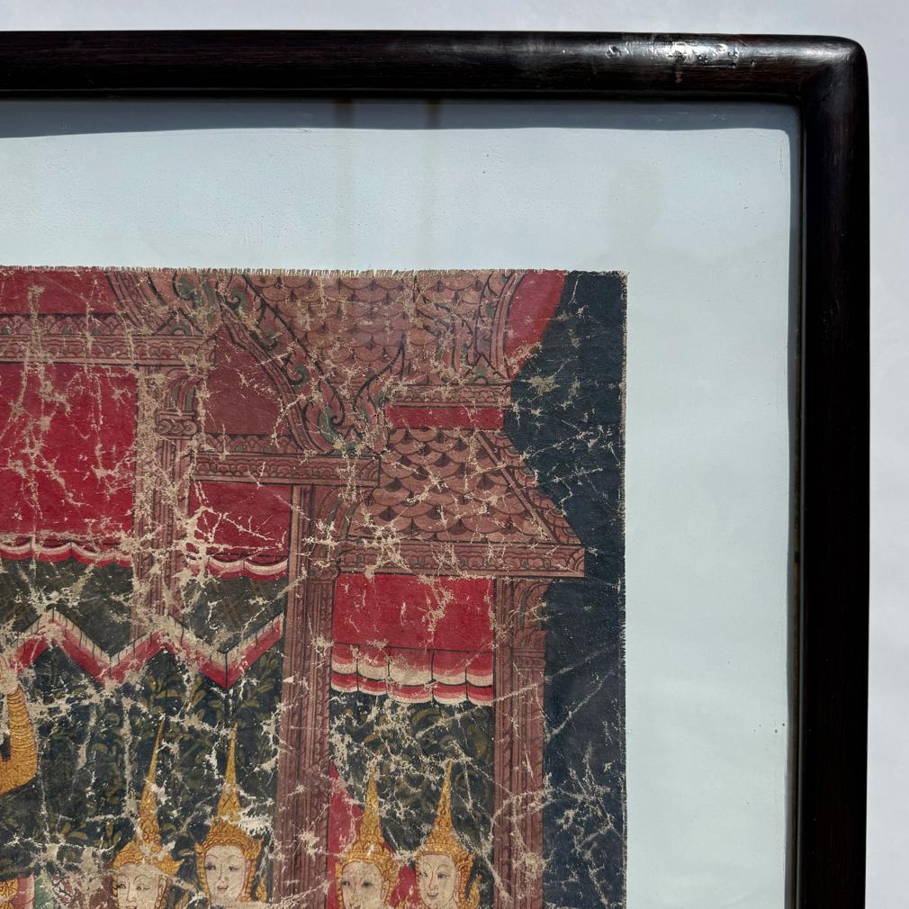 Ancienne peinture bouddhiste thaïlandaise sur toile, école Rattanakosin en vente 1