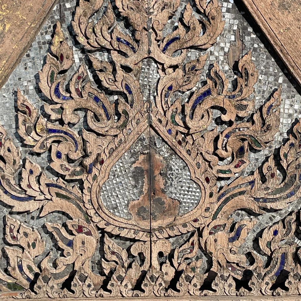 Hand-Carved Antique Thai Buddhist Temple Pediment For Sale