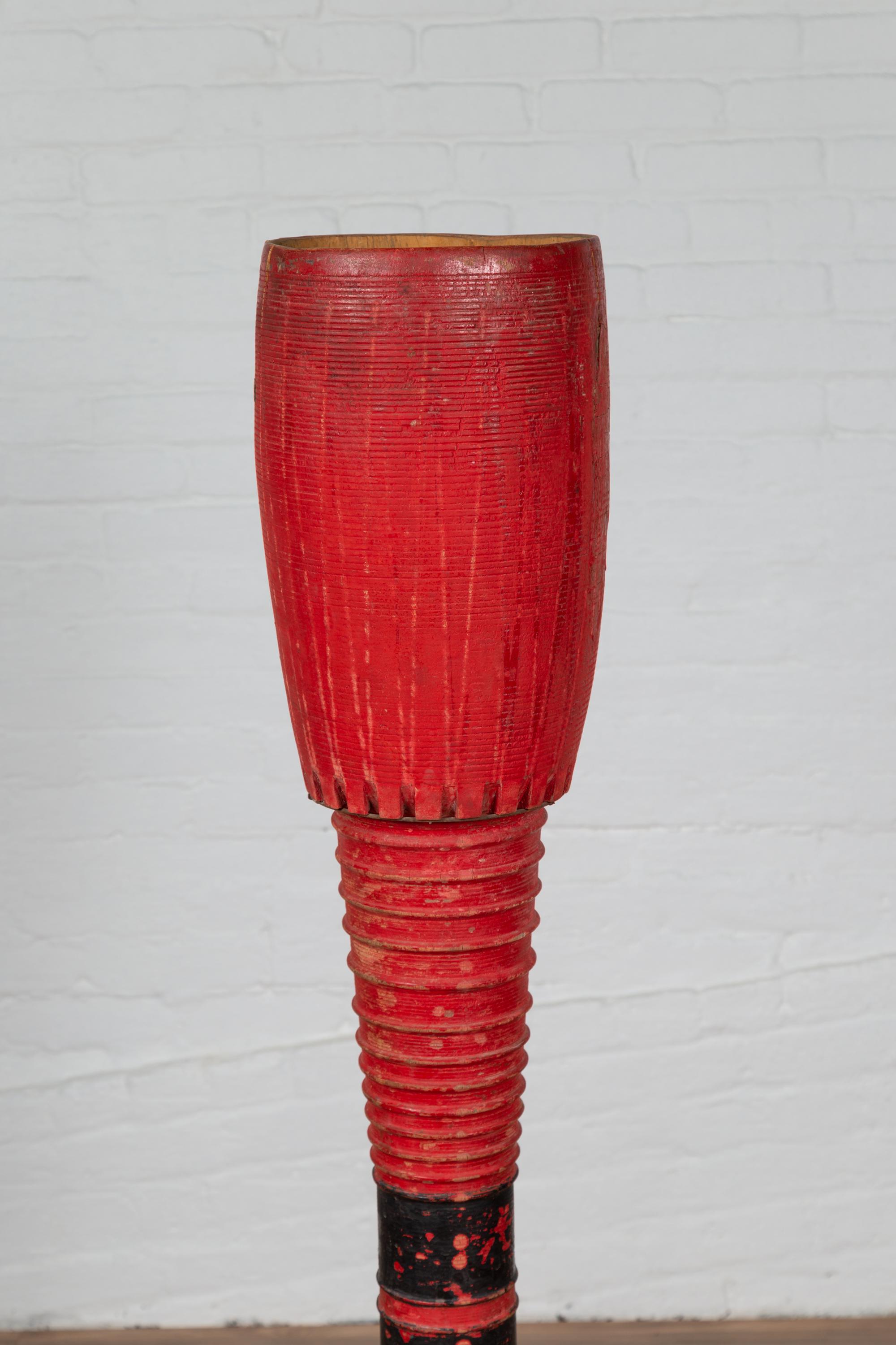 Folk Art Antique Thai Freestanding Red Ceremonial Drum with Reeded Accents and Round Base For Sale