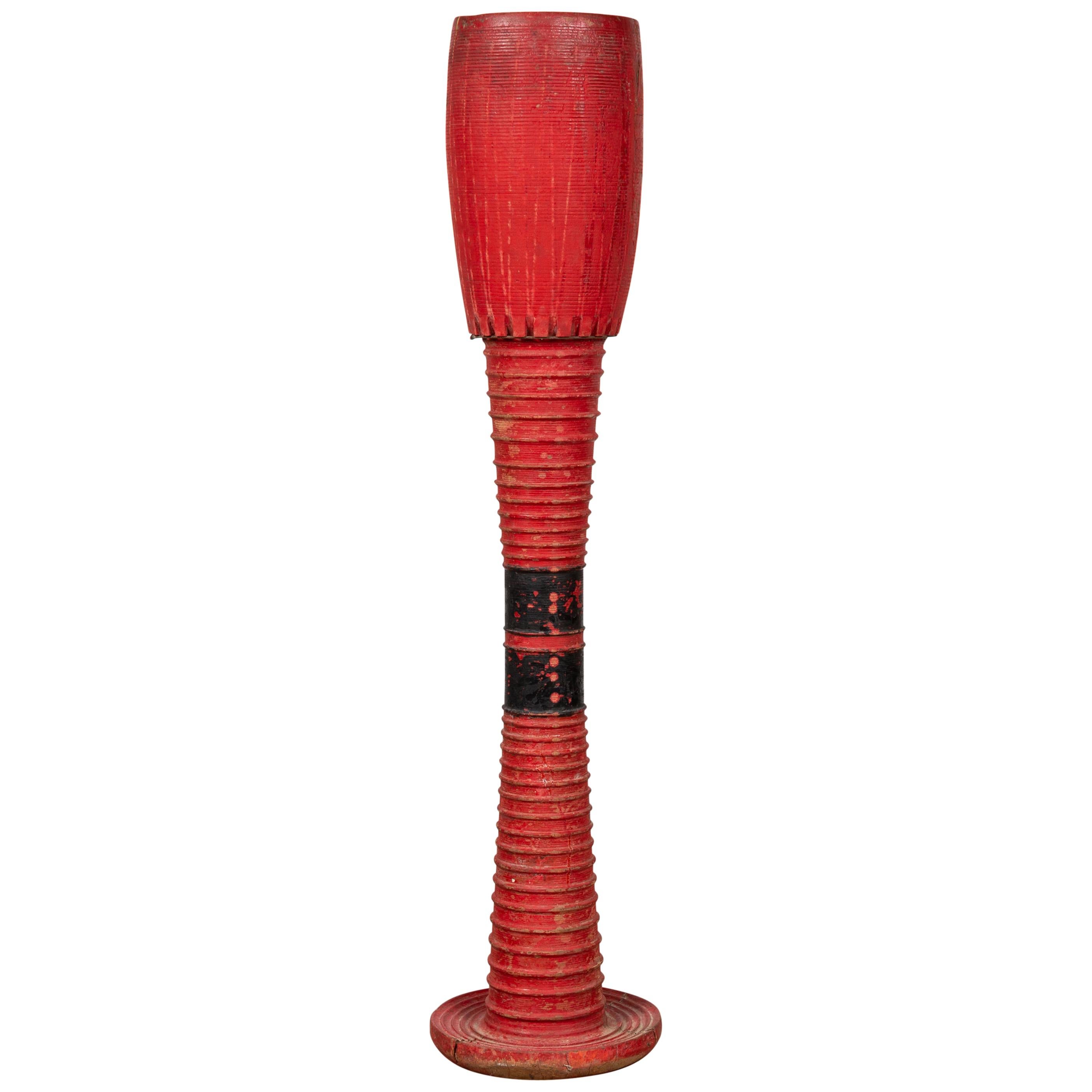 Antique Thai Freestanding Red Ceremonial Drum with Reeded Accents and Round Base For Sale