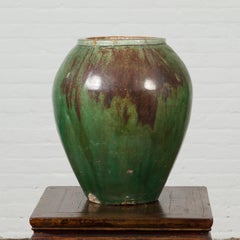 Antique Thai Garden Vase with Distressed Verde Patina and Brown Drip Glaze