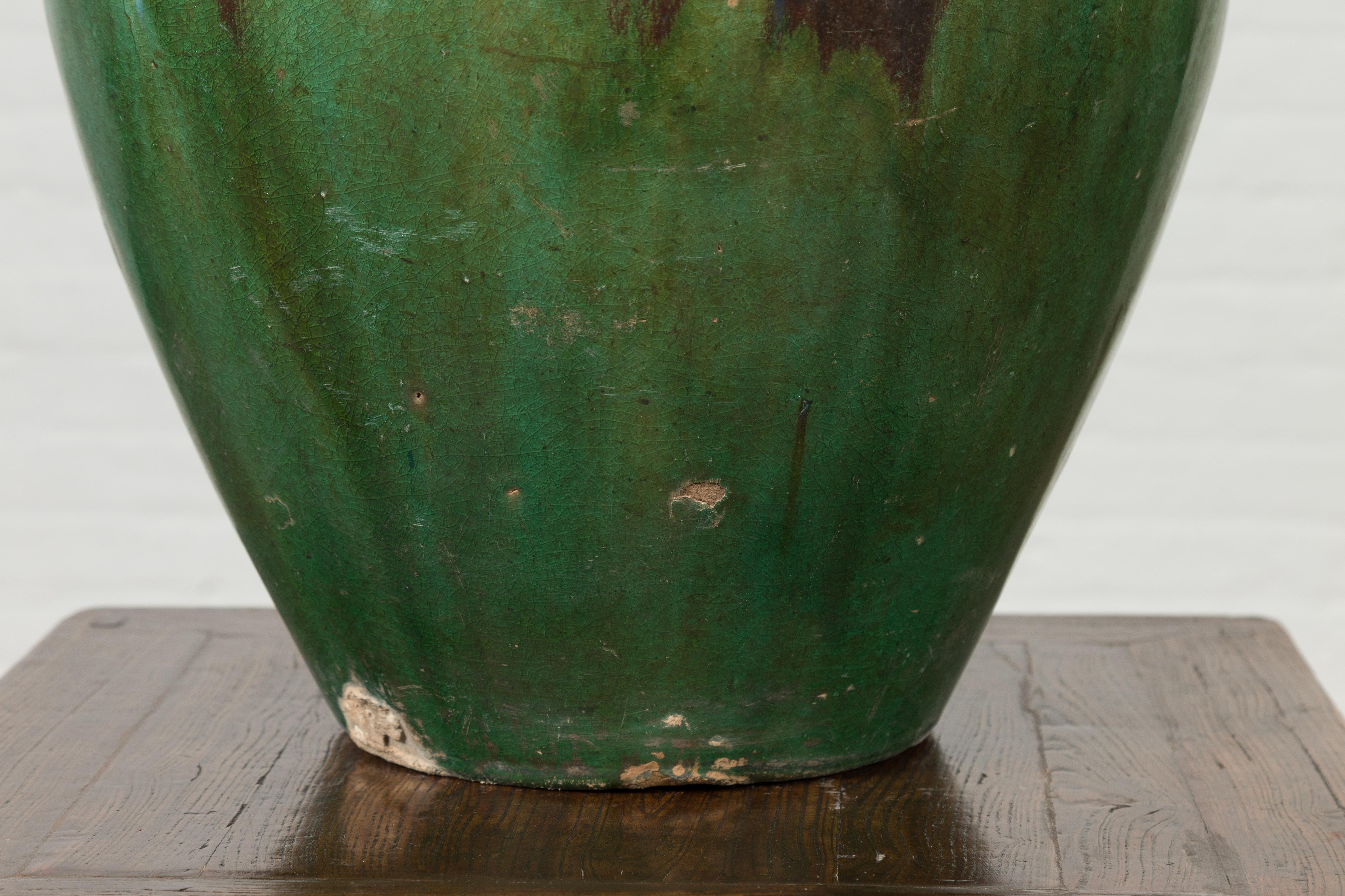 Glazed Antique Thai Garden Vase with Distressed Verde Patina and Brown Drip Glaze For Sale