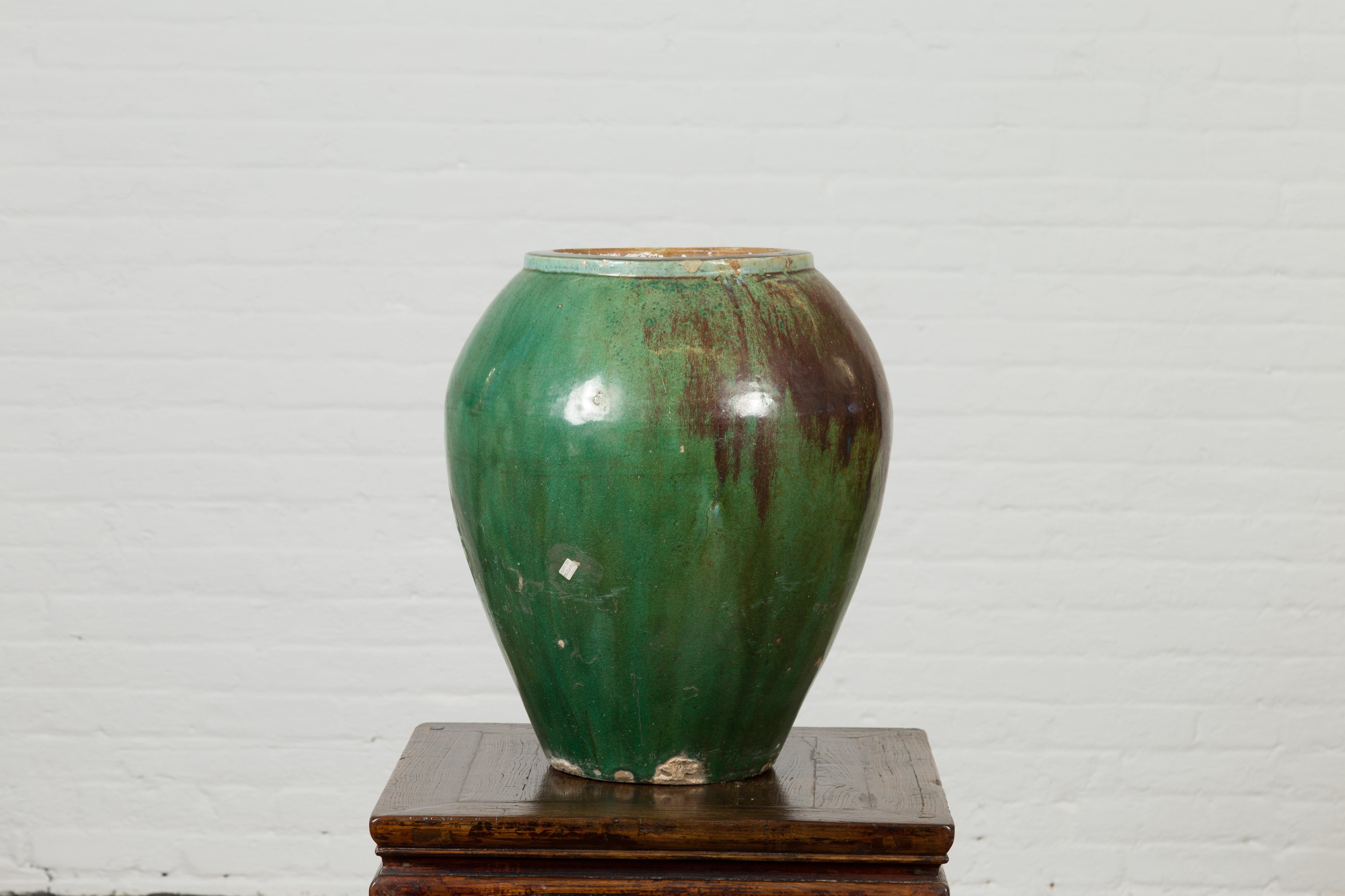 Antique Thai Garden Vase with Distressed Verde Patina and Brown Drip Glaze In Good Condition For Sale In Yonkers, NY