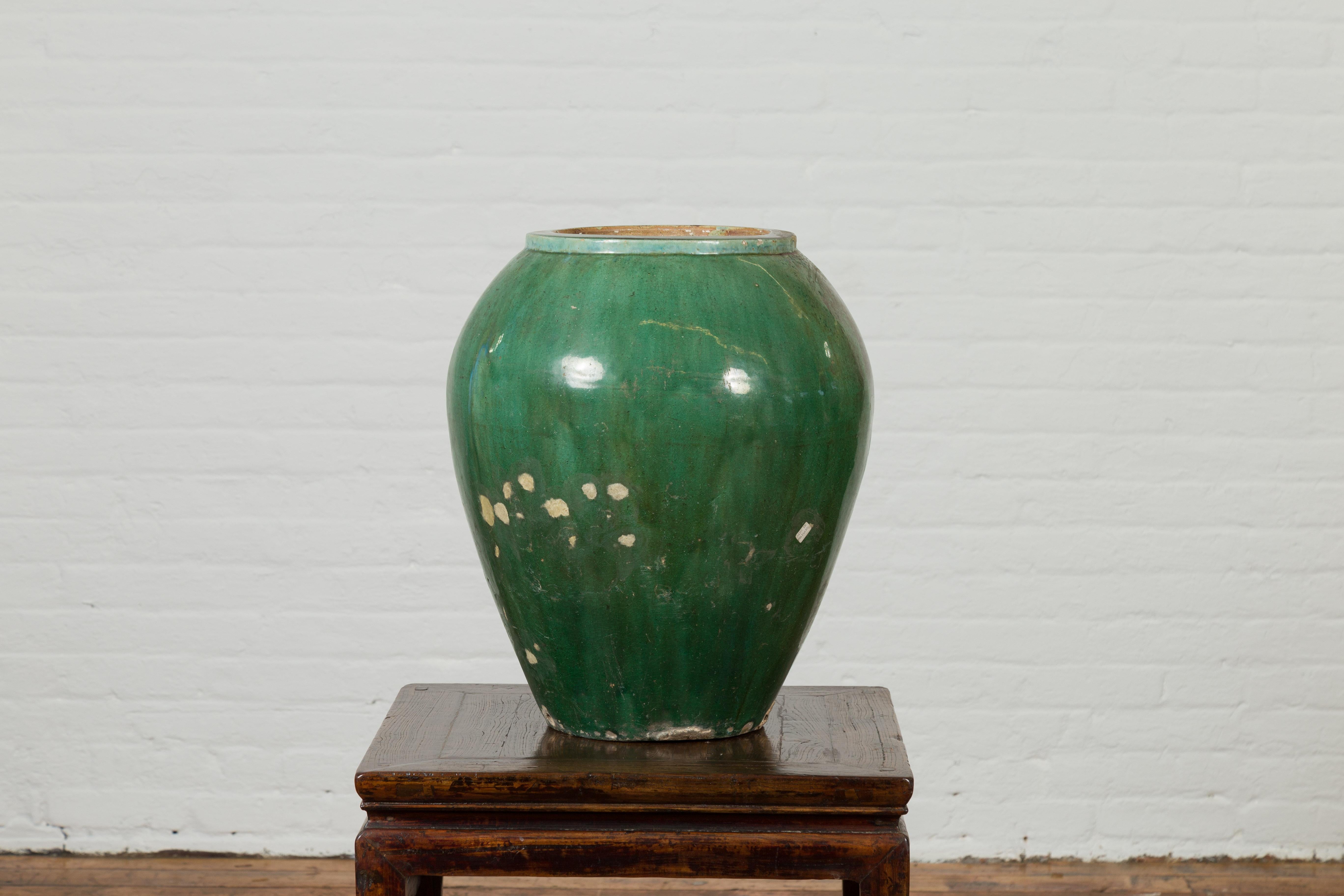 19th Century Antique Thai Garden Vase with Distressed Verde Patina and Brown Drip Glaze For Sale