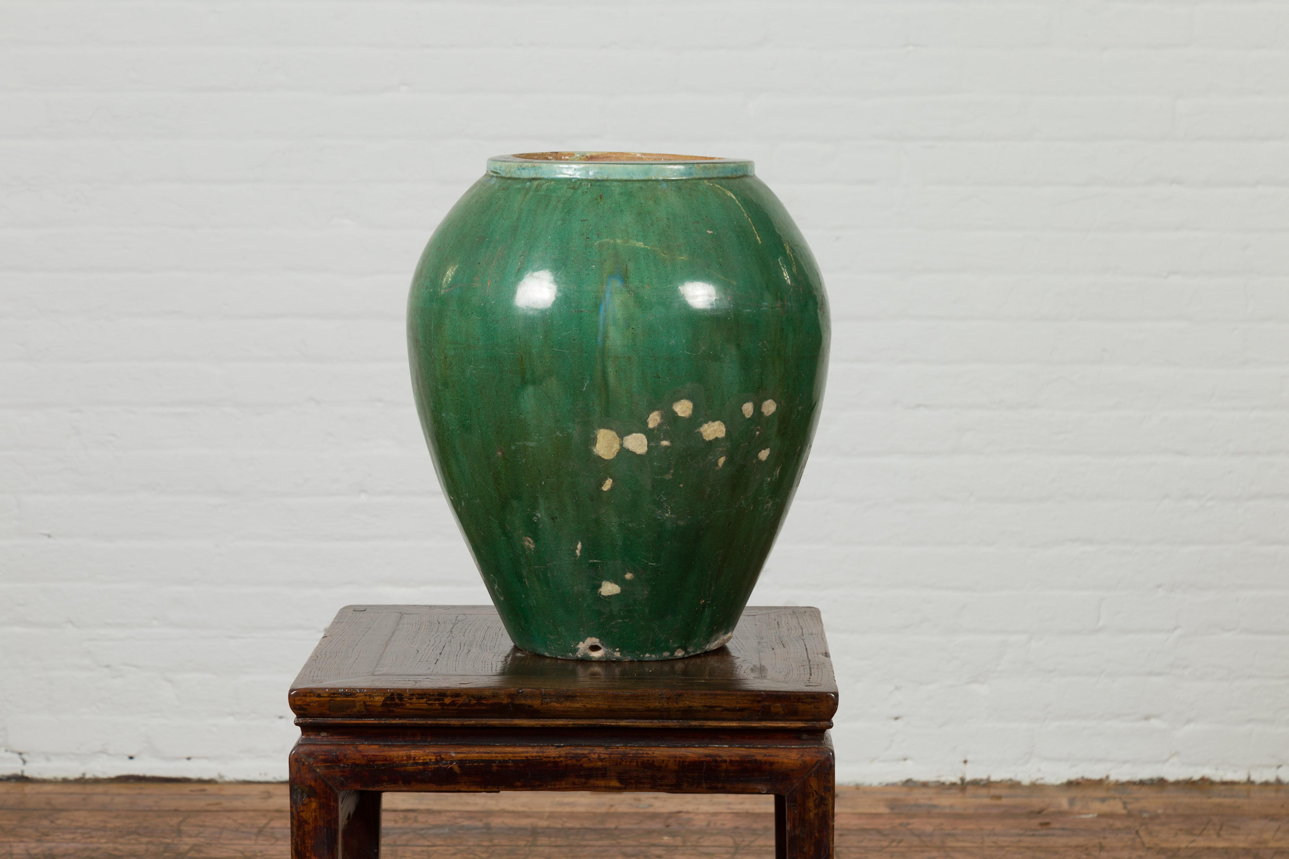 Pottery Antique Thai Garden Vase with Distressed Verde Patina and Brown Drip Glaze For Sale