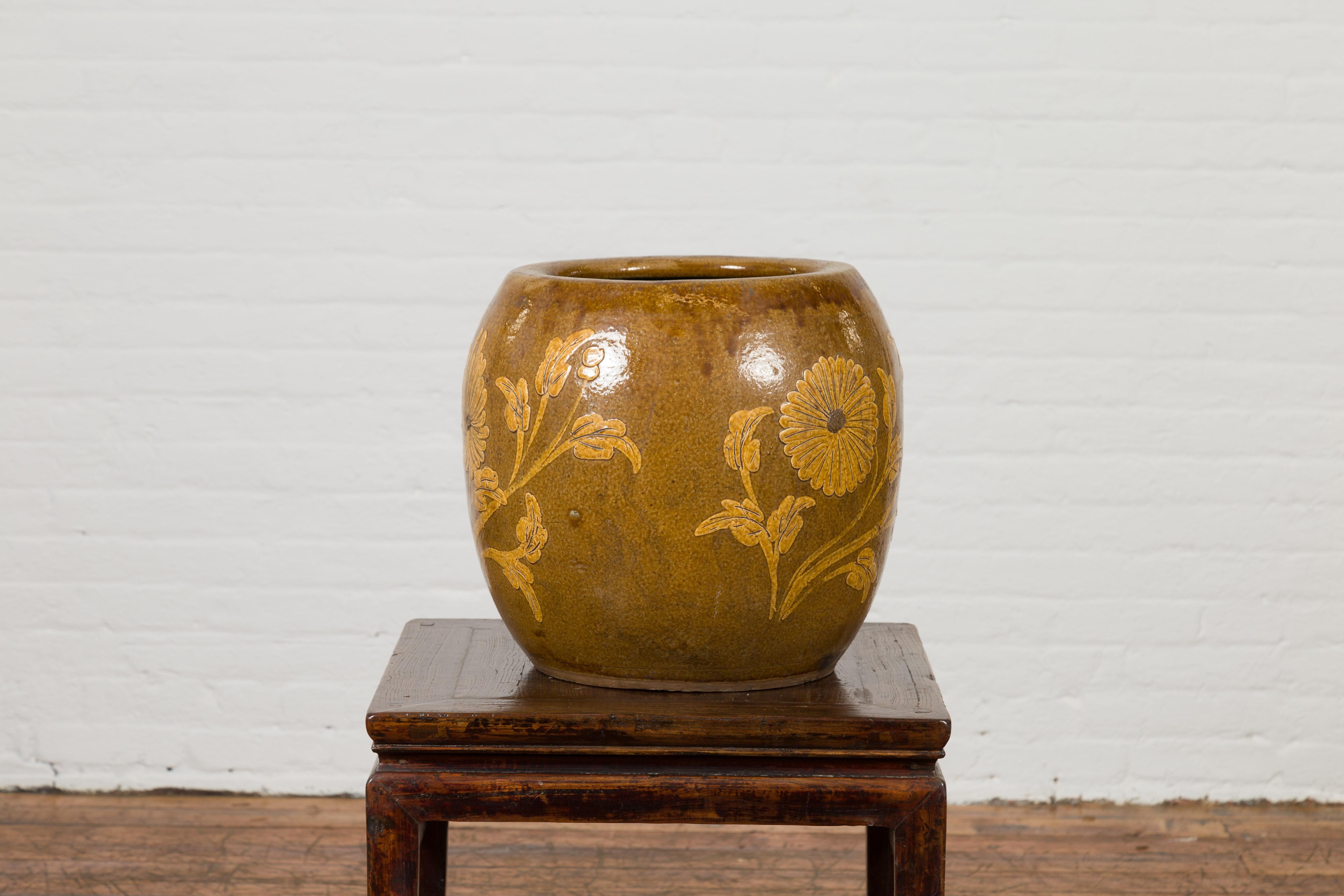 Antique Thai Glazed Ceramic Brown Round Planter with Golden Floral Motifs 3