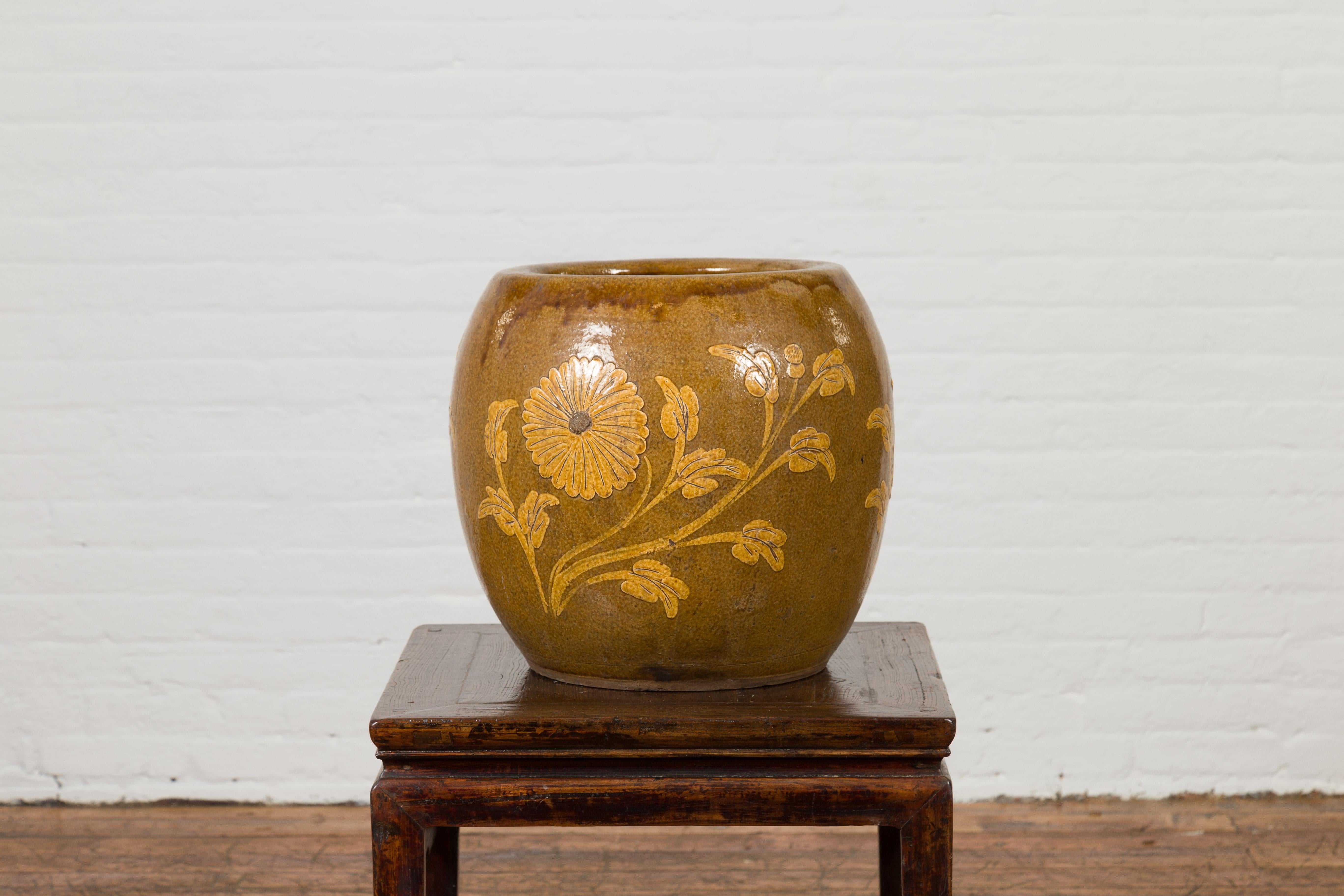 Antique Thai Glazed Ceramic Brown Round Planter with Golden Floral Motifs 1