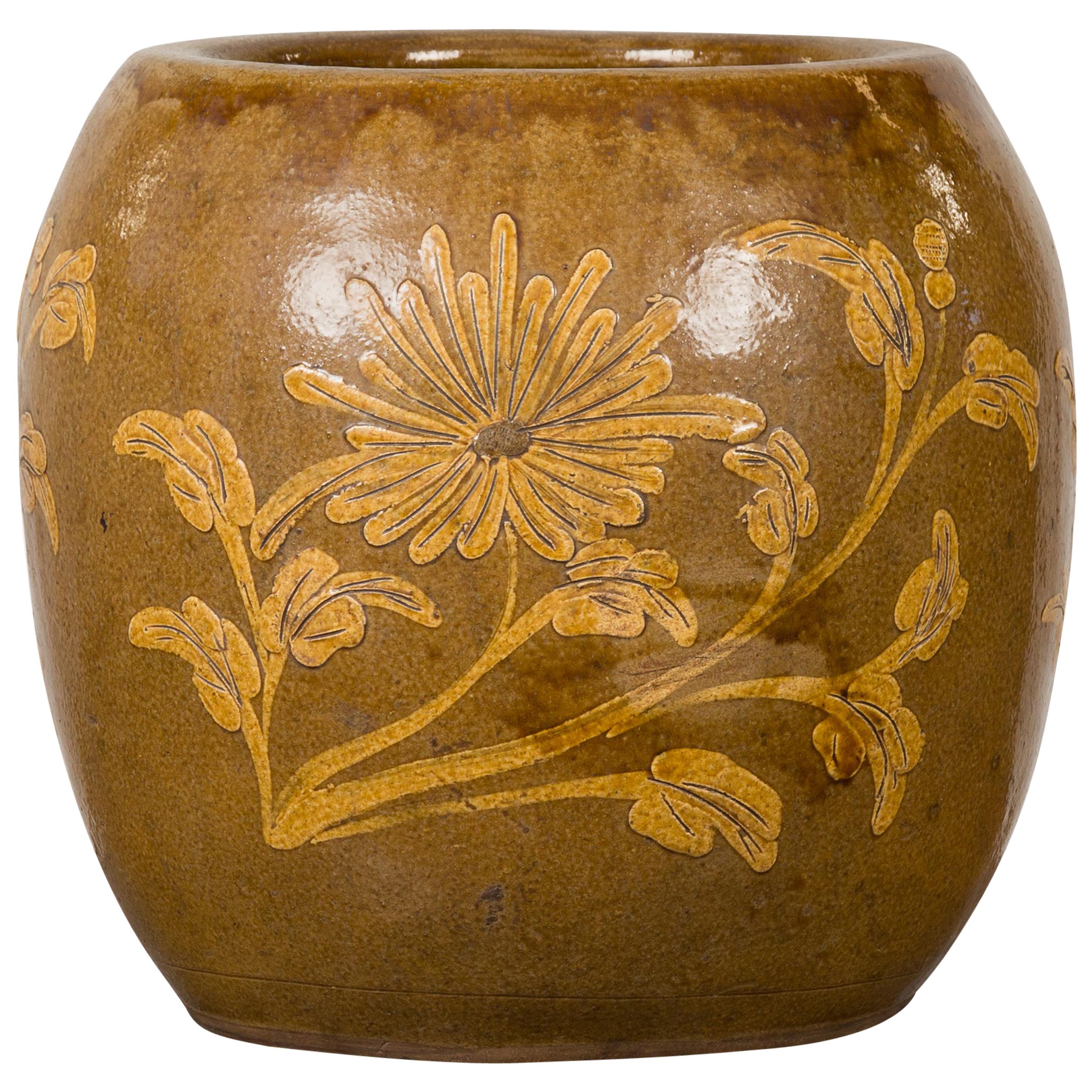 Antique Thai Glazed Ceramic Brown Round Planter with Golden Floral Motifs