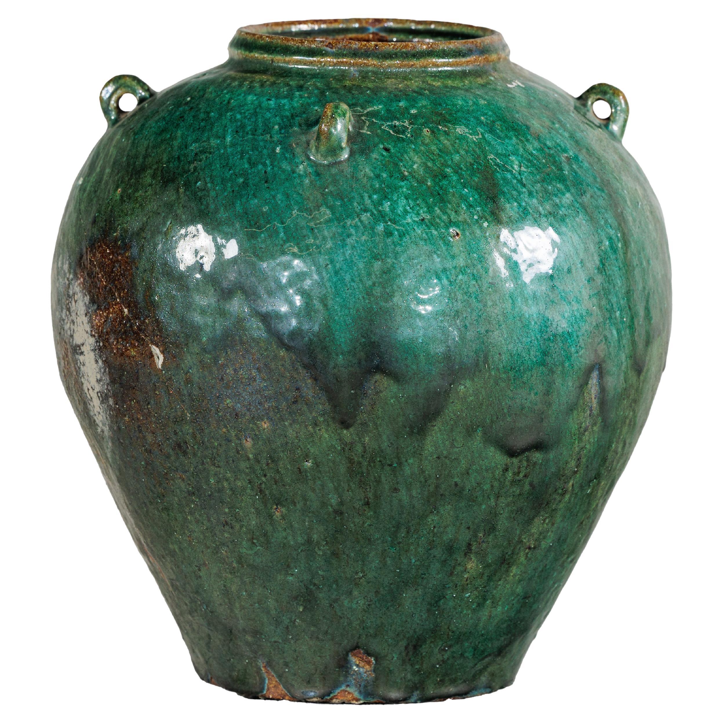 Antique Thai Green-Glazed Water Jar Planter with Loop Handles