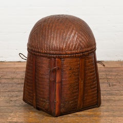 Antique Thai Hand Woven Rattan Basket with Domed Lid and Rustic Character