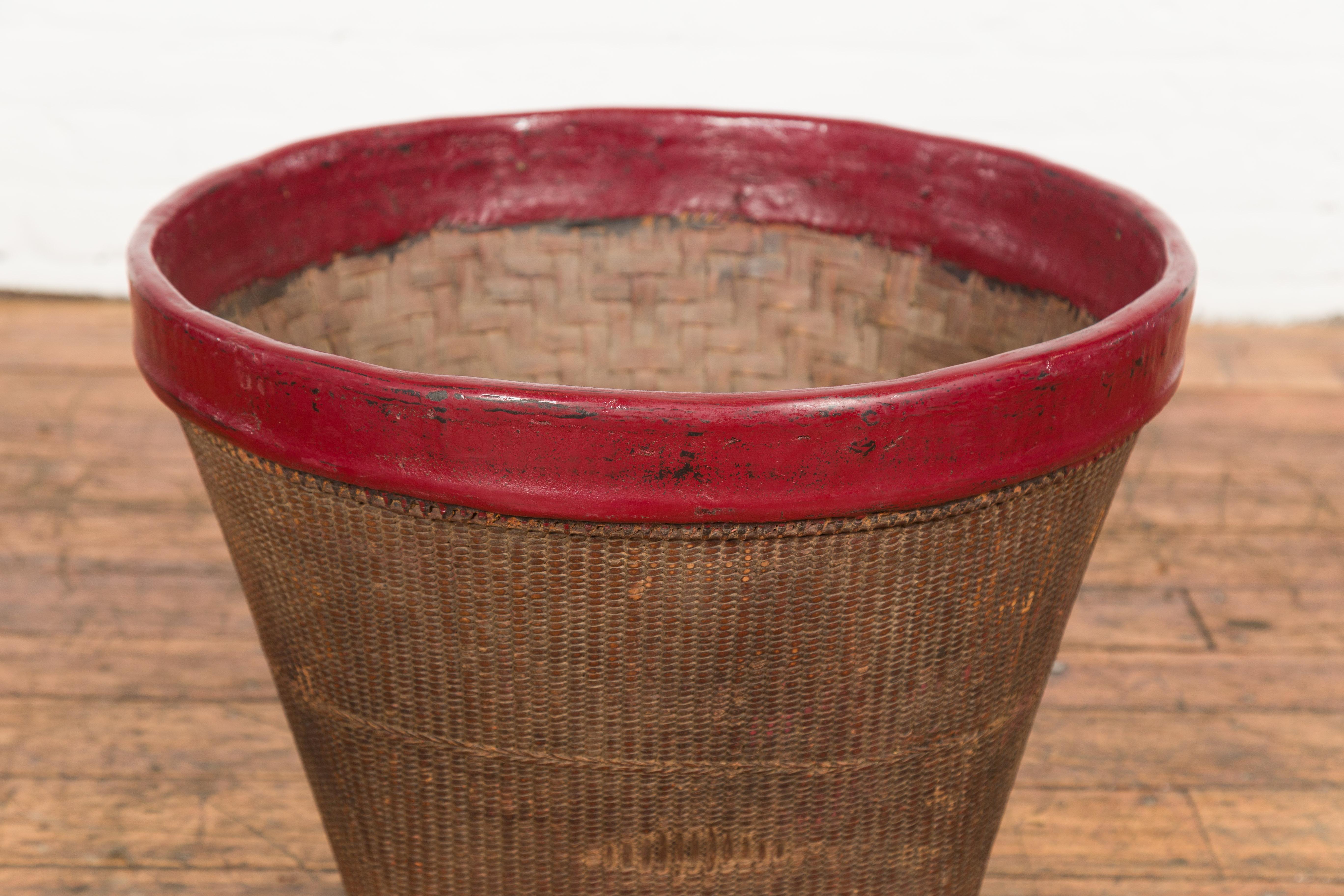 Antique Thai Hand Woven Rattan Grain Basket with Red Lacquered Border For Sale 1