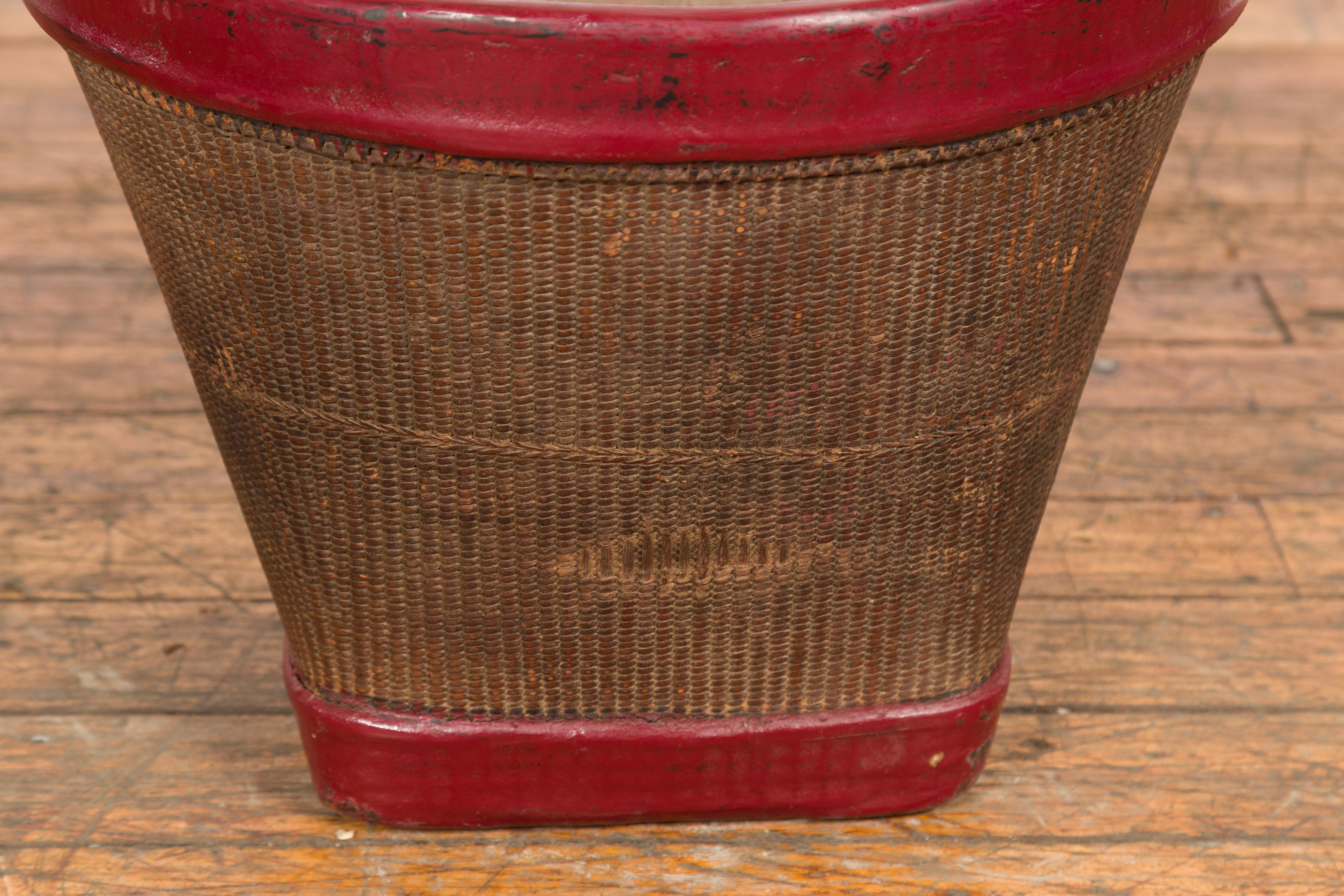 Antique Thai Hand Woven Rattan Grain Basket with Red Lacquered Border For Sale 2