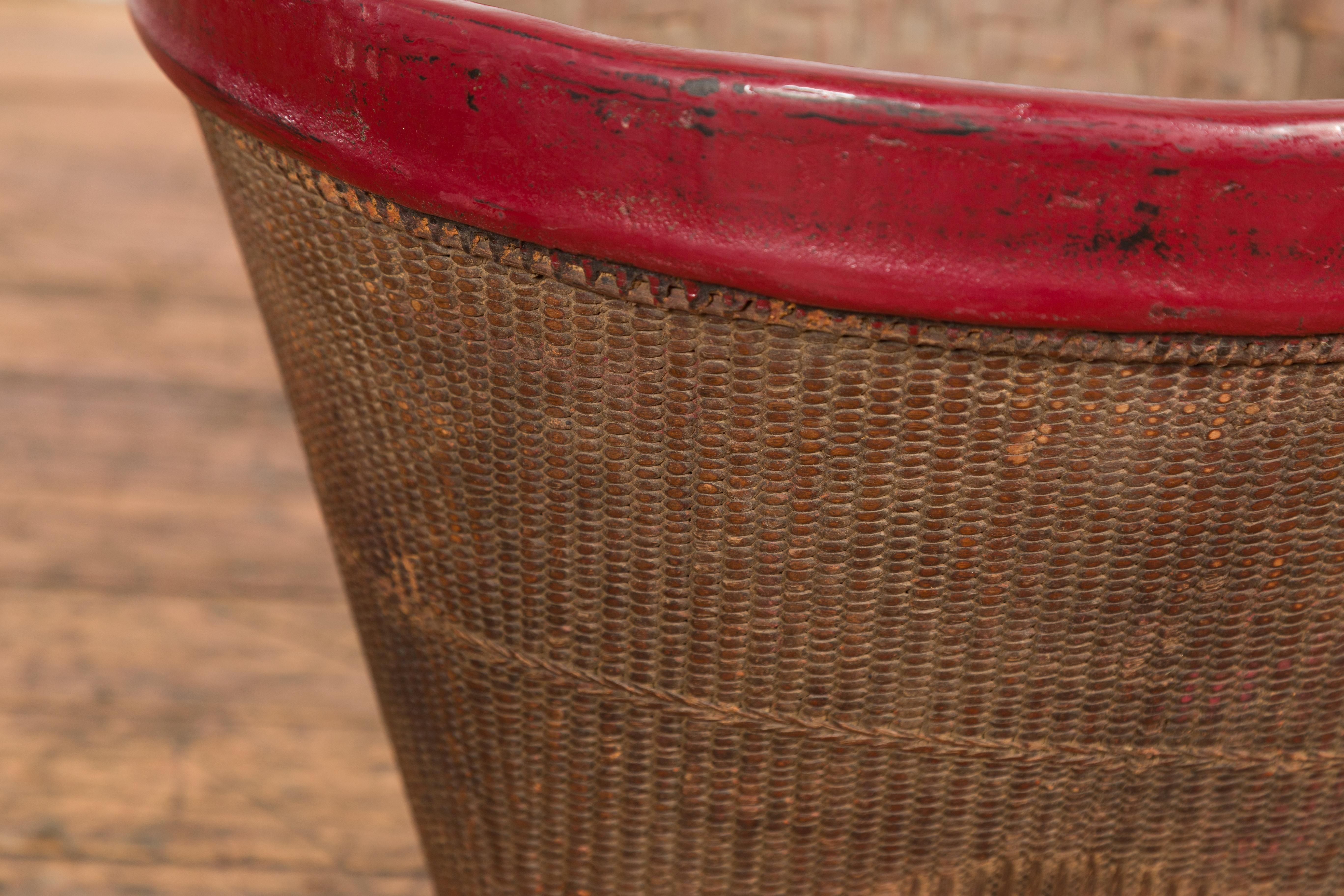 Antique Thai Hand Woven Rattan Grain Basket with Red Lacquered Border For Sale 3