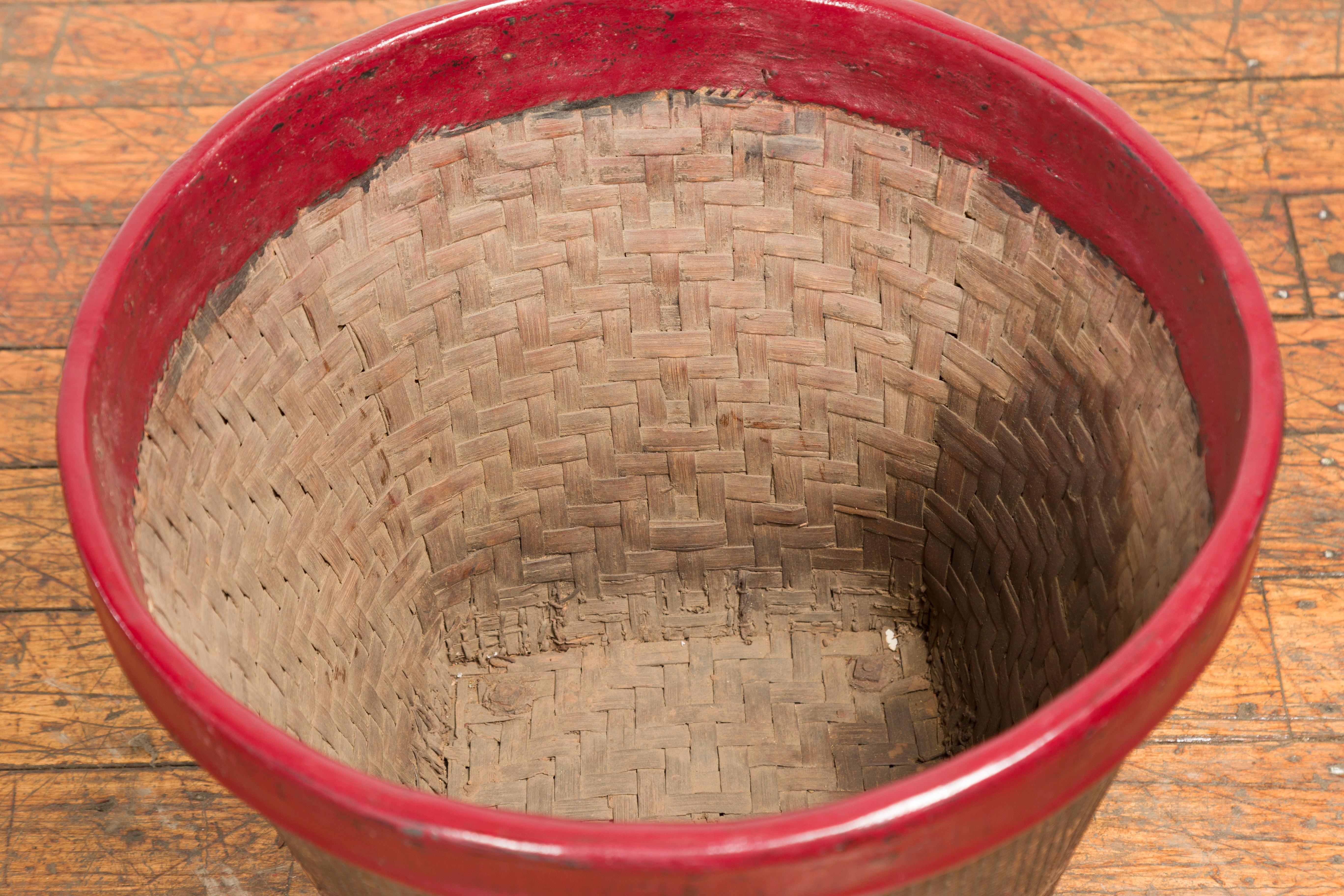 Antique Thai Hand Woven Rattan Grain Basket with Red Lacquered Border For Sale 4