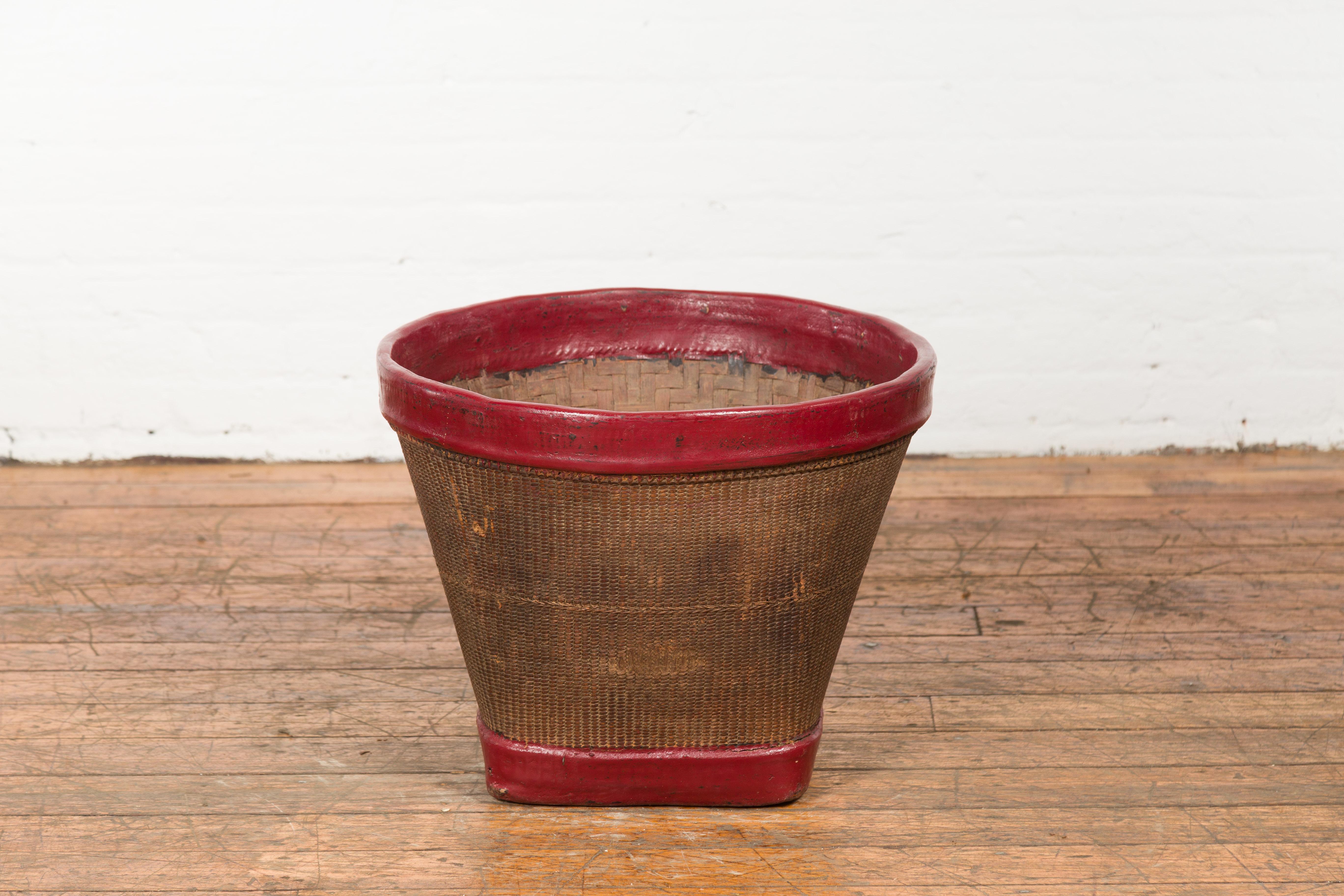 Antique Thai Hand Woven Rattan Grain Basket with Red Lacquered Border For Sale 5