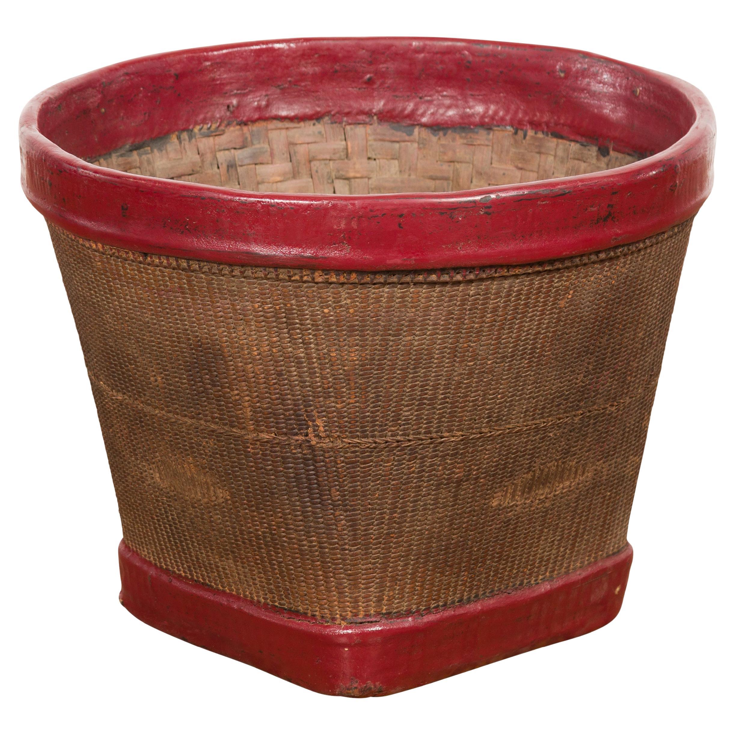 Antique Thai Hand Woven Rattan Grain Basket with Red Lacquered Border For Sale