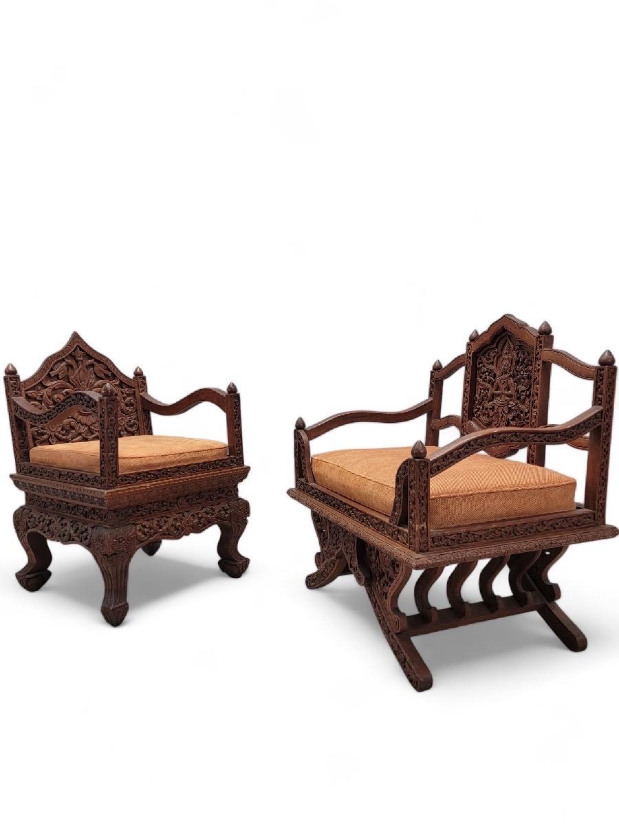 Antique Thai Howdah Hand-Carved Rosewood Ornate Saddle Chairs - Set of 2 4