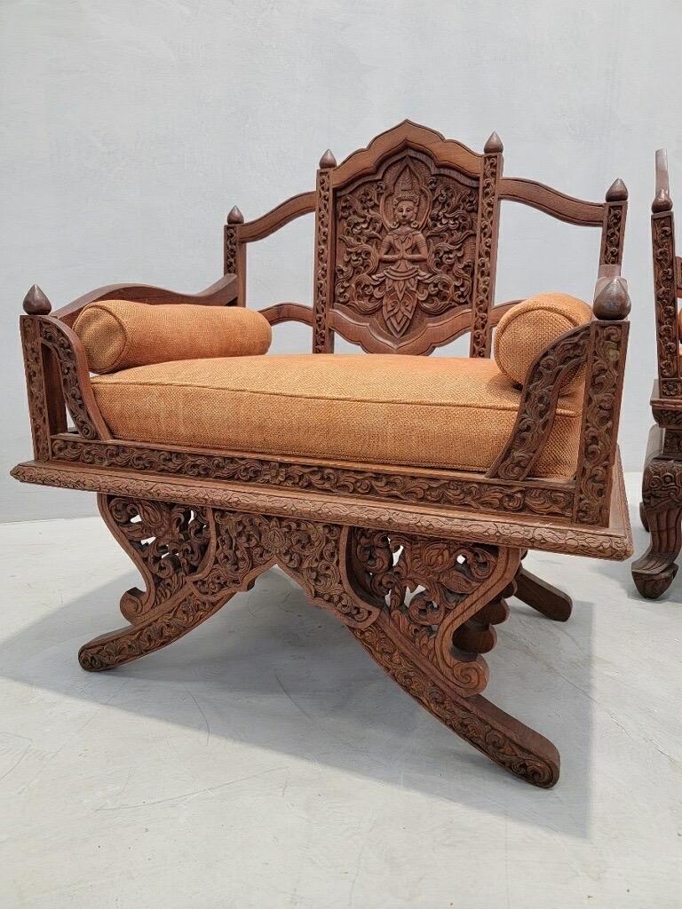 Rustic Antique Thai Howdah Hand-Carved Rosewood Ornate Saddle Chairs - Set of 2