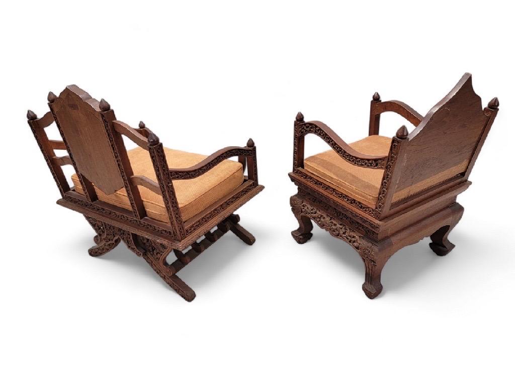 20th Century Antique Thai Howdah Hand-Carved Rosewood Ornate Saddle Chairs - Set of 2