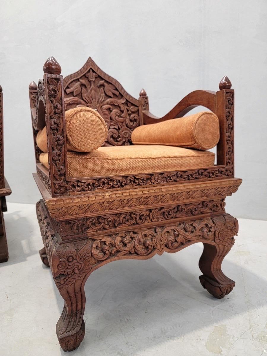 Chenille Antique Thai Howdah Hand-Carved Rosewood Ornate Saddle Chairs - Set of 2