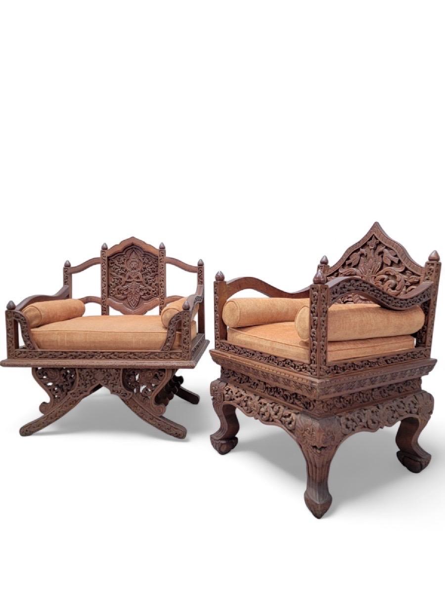 Antique Thai Howdah Hand-Carved Rosewood Ornate Saddle Chairs - Set of 2 3