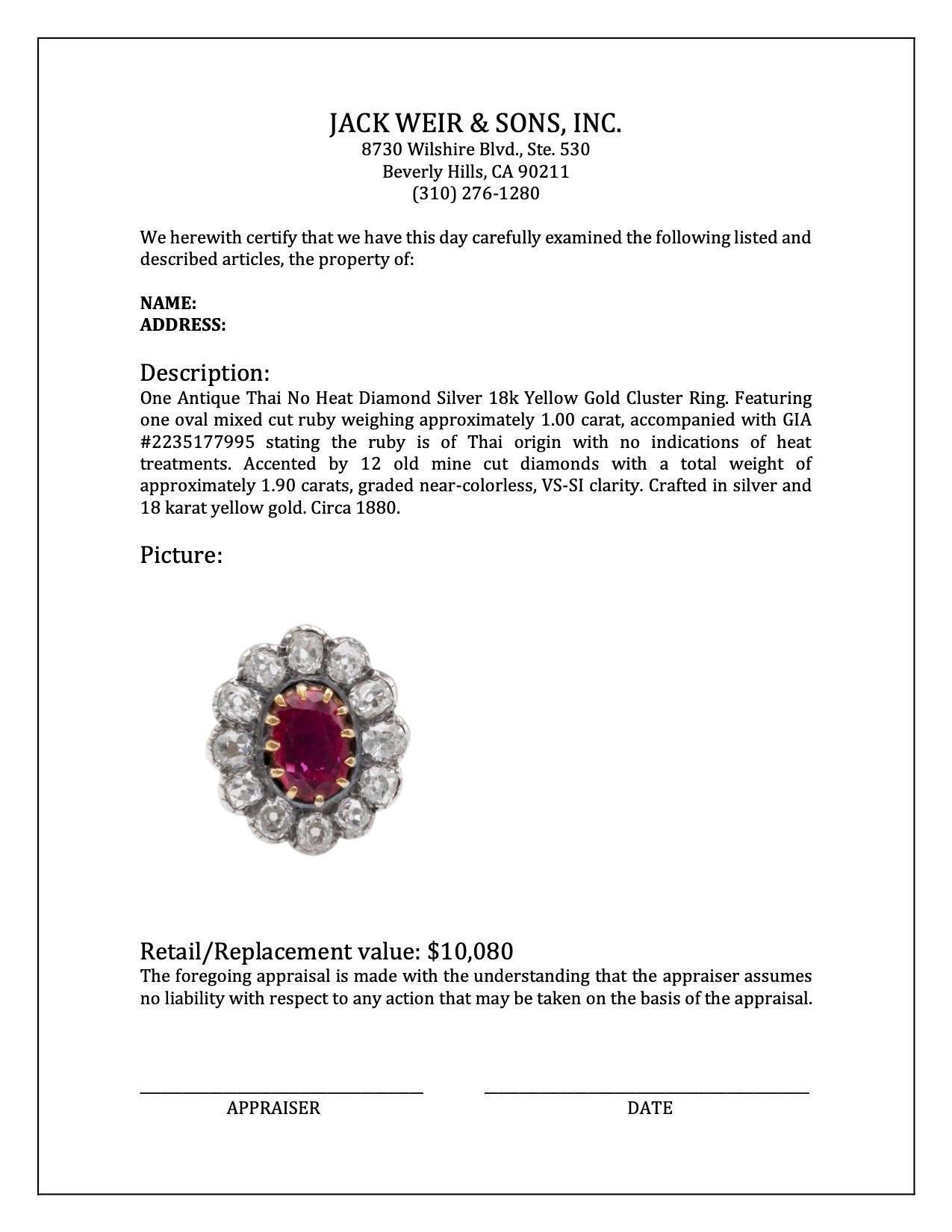 Antiker thailändischer unbehandelter Rubin-Diamant-Silber-Cluster-Ring aus 18 Karat Gelbgold im Angebot 2