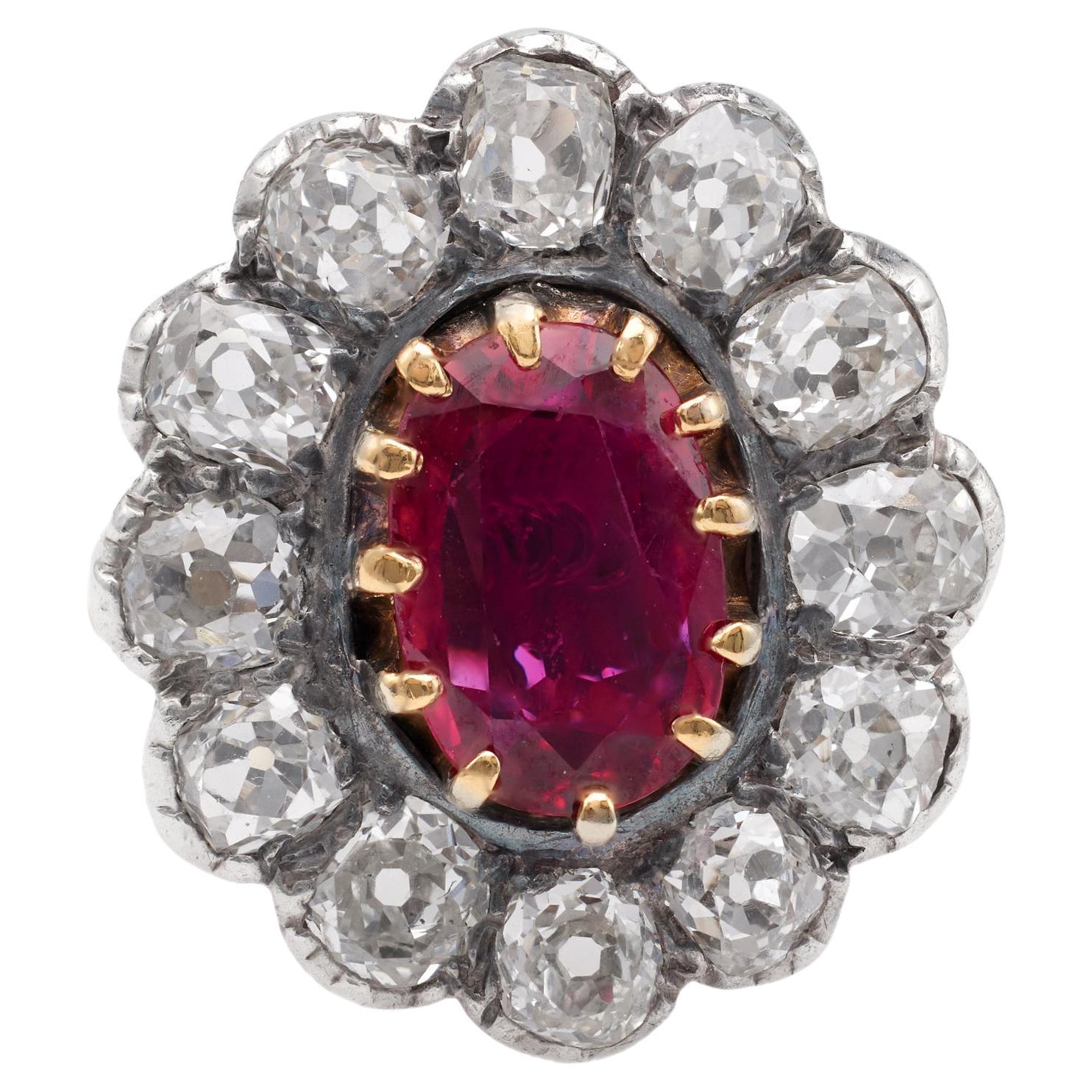 Antique Thai No Heat Ruby Diamond Silver 18k Yellow Gold Cluster Ring For Sale