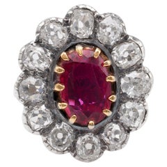 Antique Thai No Heat Ruby Diamond Silver 18k Yellow Gold Cluster Ring