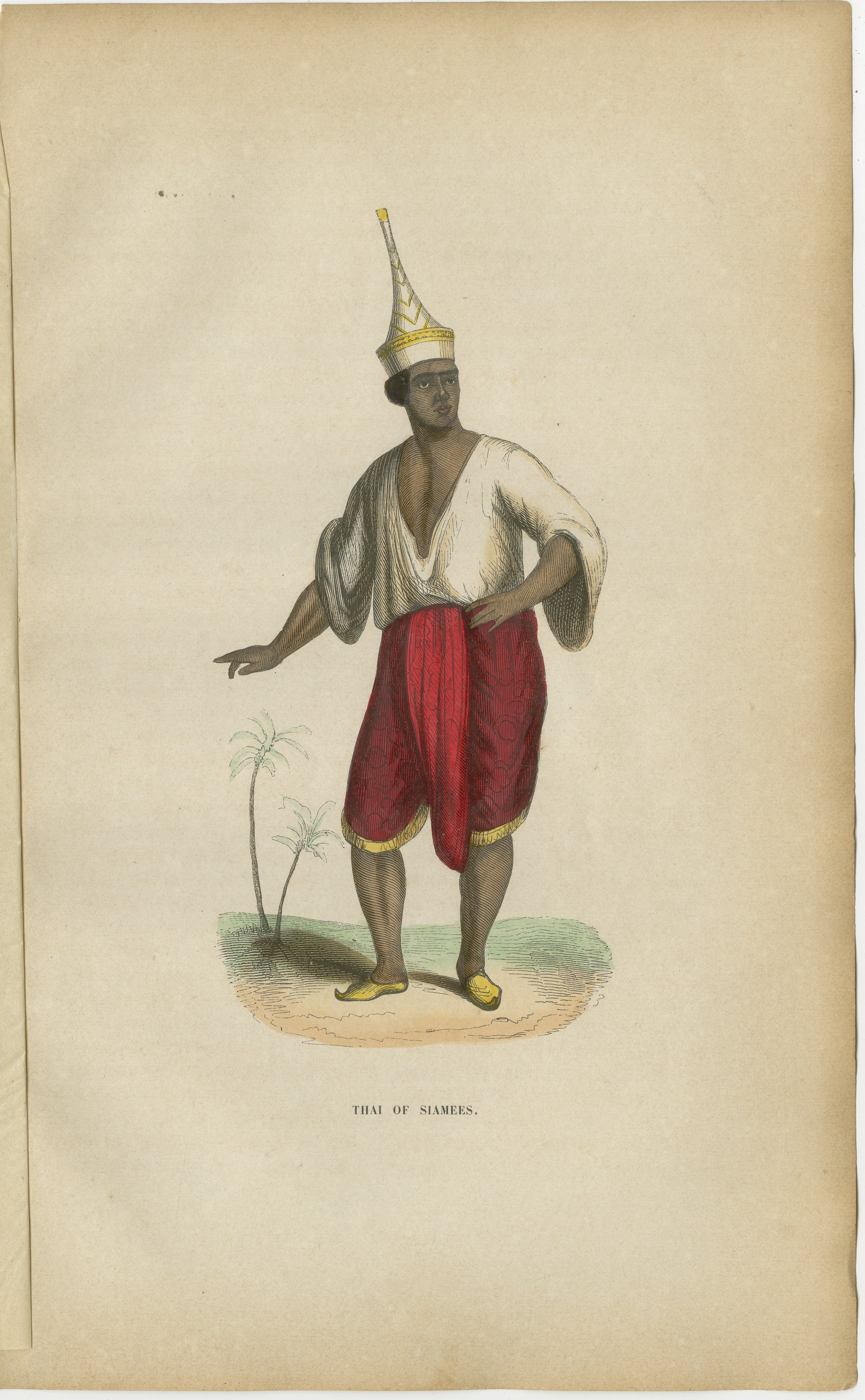 Antique Thai or Siamese Costume Print, Hand-Colored Engraving, 1854