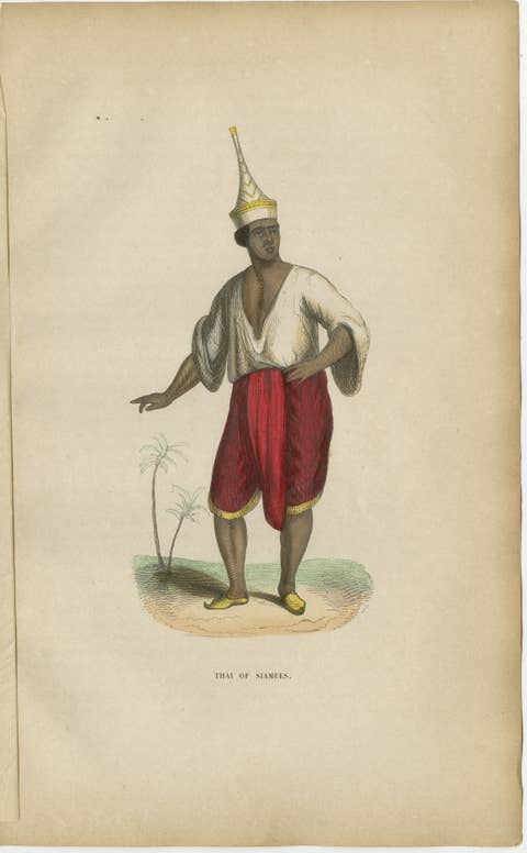 Antique Thai or Siamese Costume Print, Hand-Colored Engraving, 1854