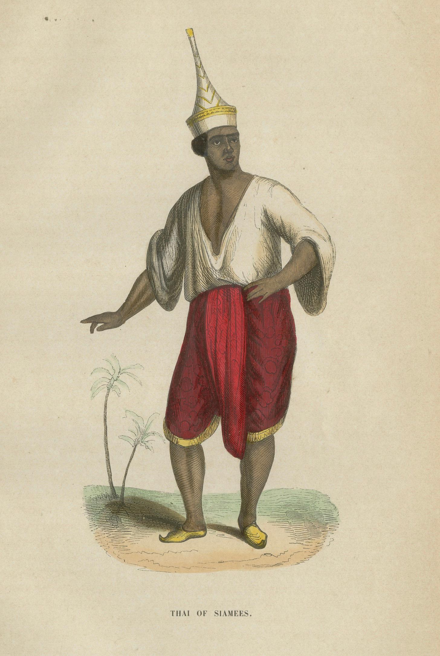 Antique Thai or Siamese Costume Print, Hand-Colored Engraving, 1854