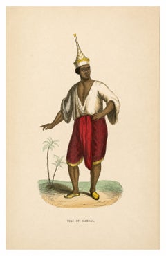 Antique Thai or Siamese Costume Print, Hand-Colored Engraving, 1854