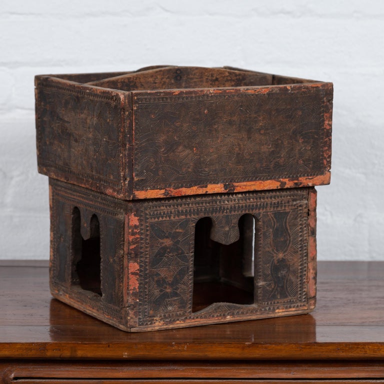 Antique Thai Rustic Wooden Betel Nut Box with Carved Décor and Pierced