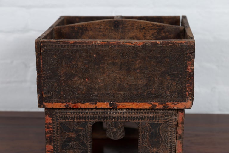 Antique Thai Rustic Wooden Betel Nut Box with Carved Décor and Pierced