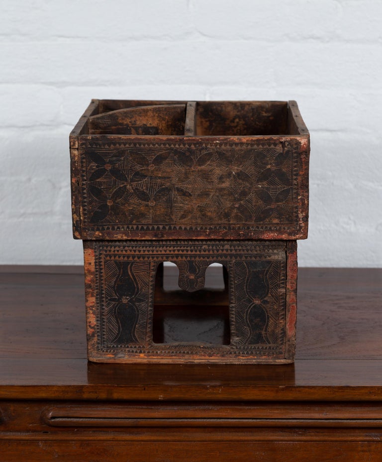 Antique Thai Rustic Wooden Betel Nut Box with Carved Décor and Pierced