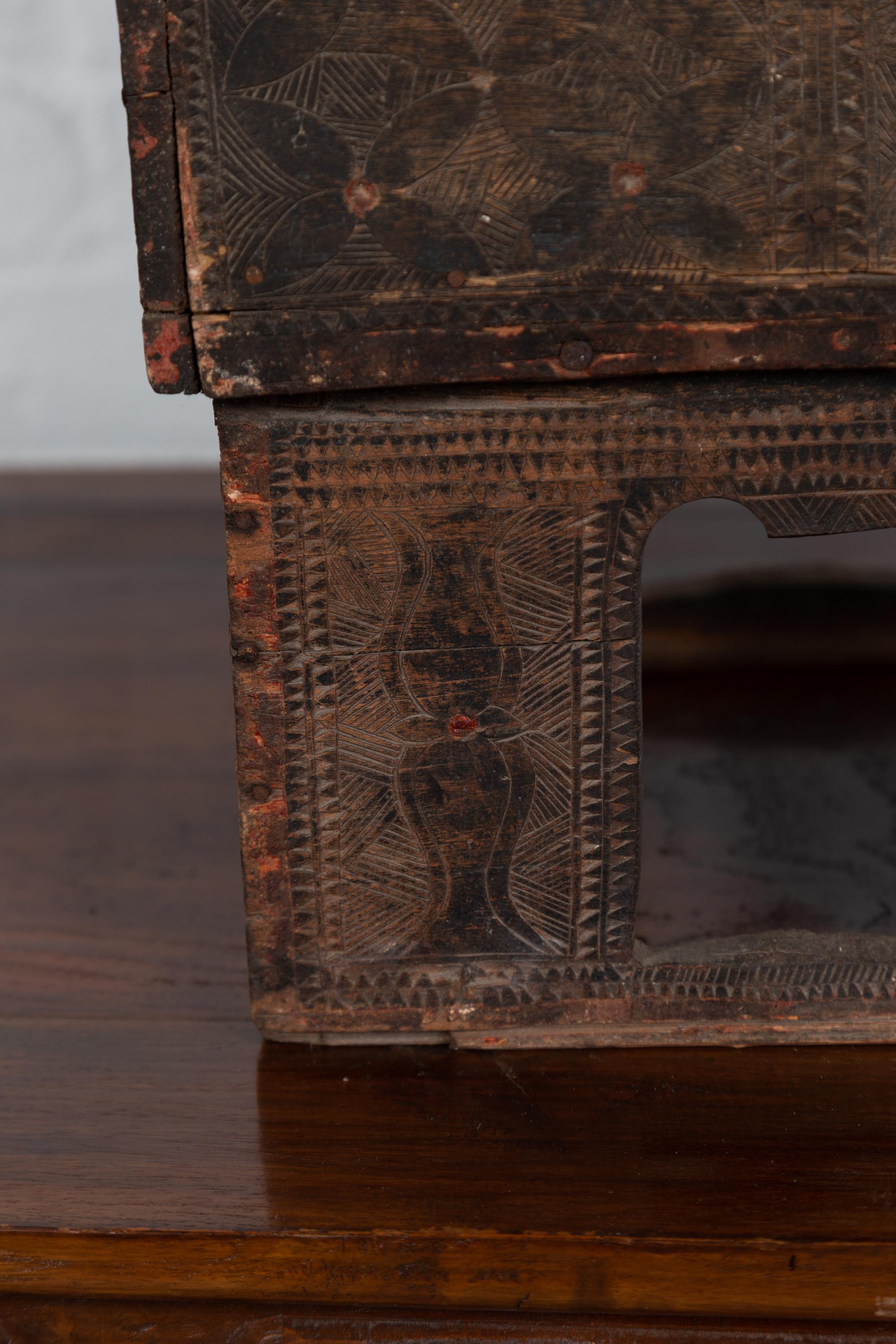 Antique Thai Rustic Wooden Betel Nut Box with Carved Décor and Pierced Motifs For Sale 2