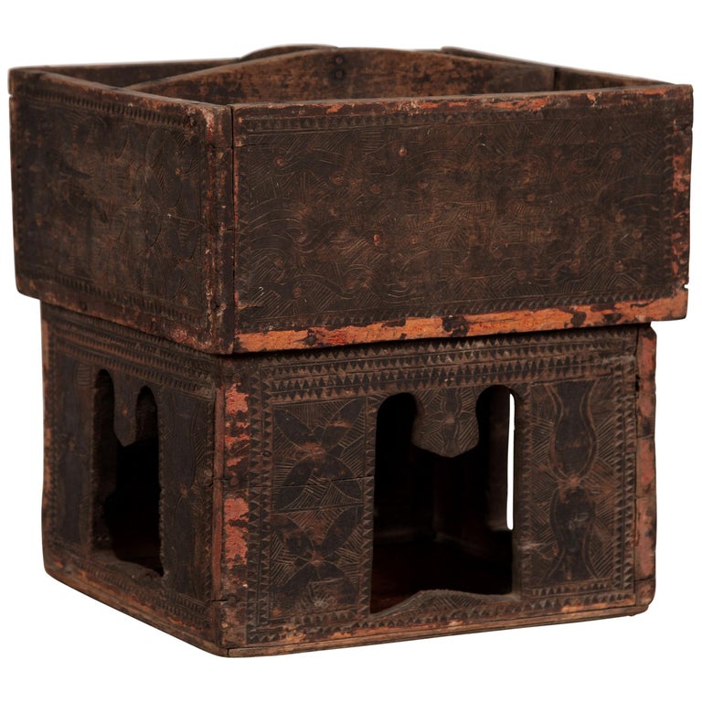 Antique Thai Rustic Wooden Betel Nut Box with Carved Décor and Pierced