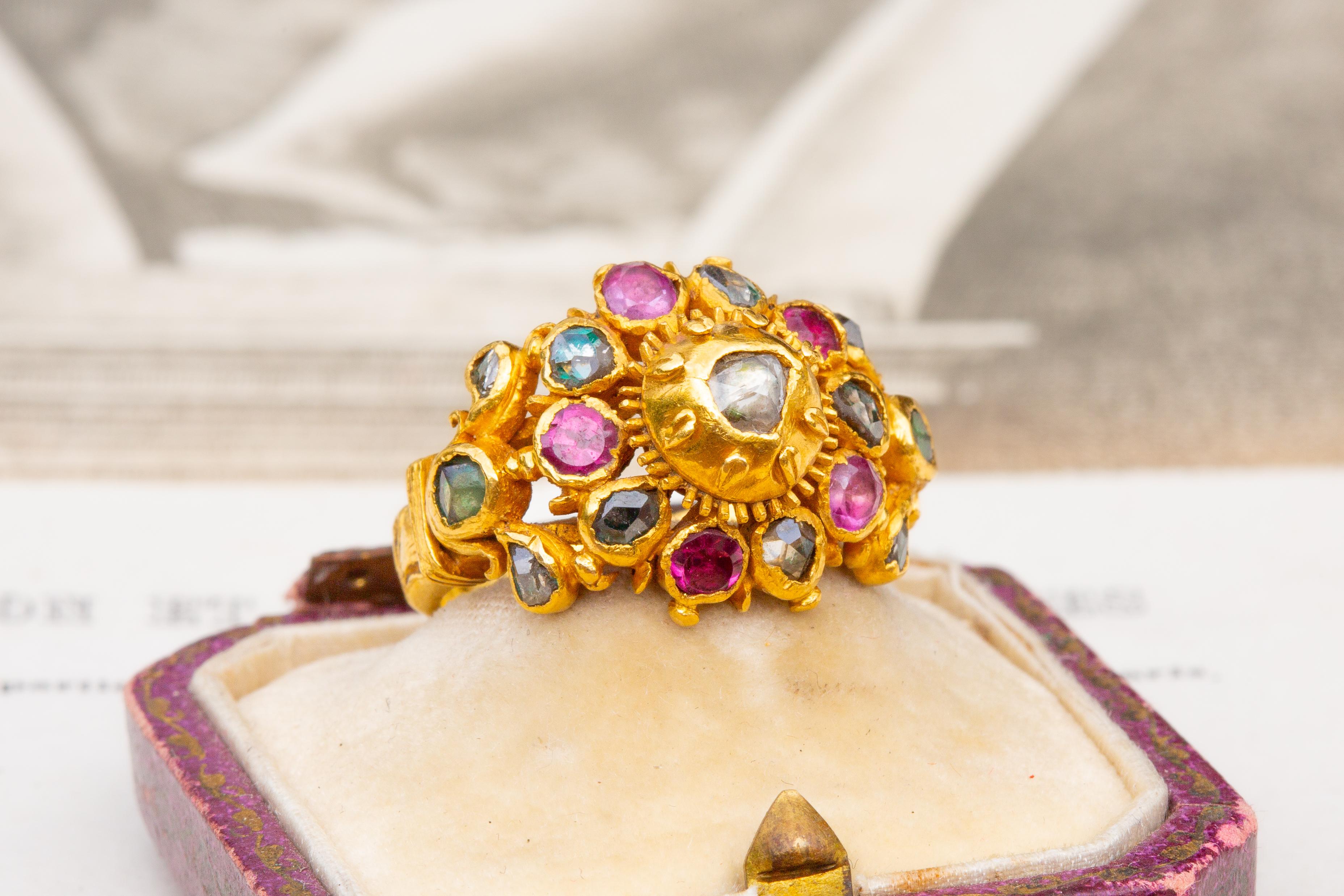 Antique Thai Siam 19th Century Gold Princely Gem-Set Cluster Ring Ruby Emerald For Sale 6