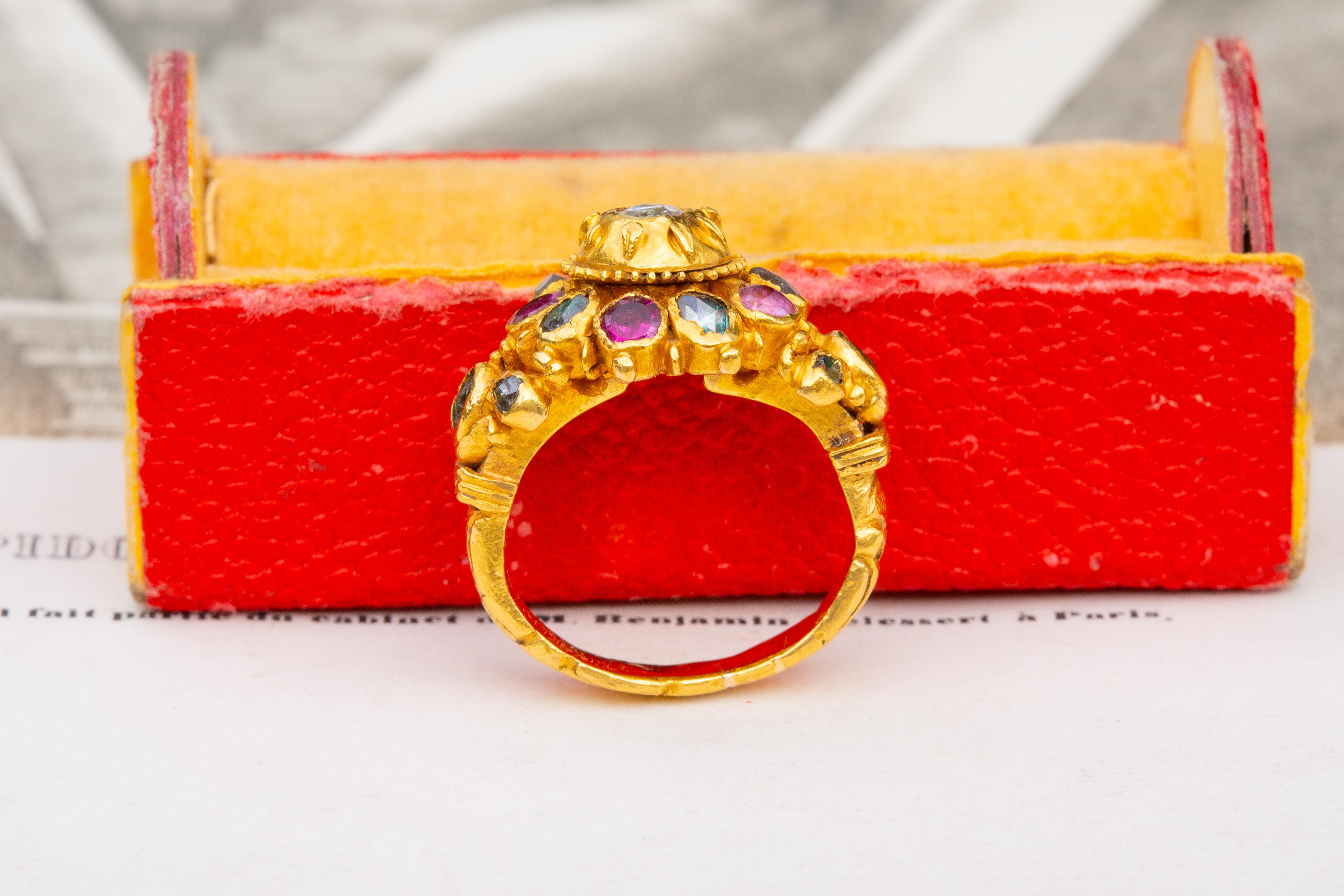 Antique Thai Siam 19th Century Gold Princely Gem-Set Cluster Ring Ruby Emerald For Sale 7