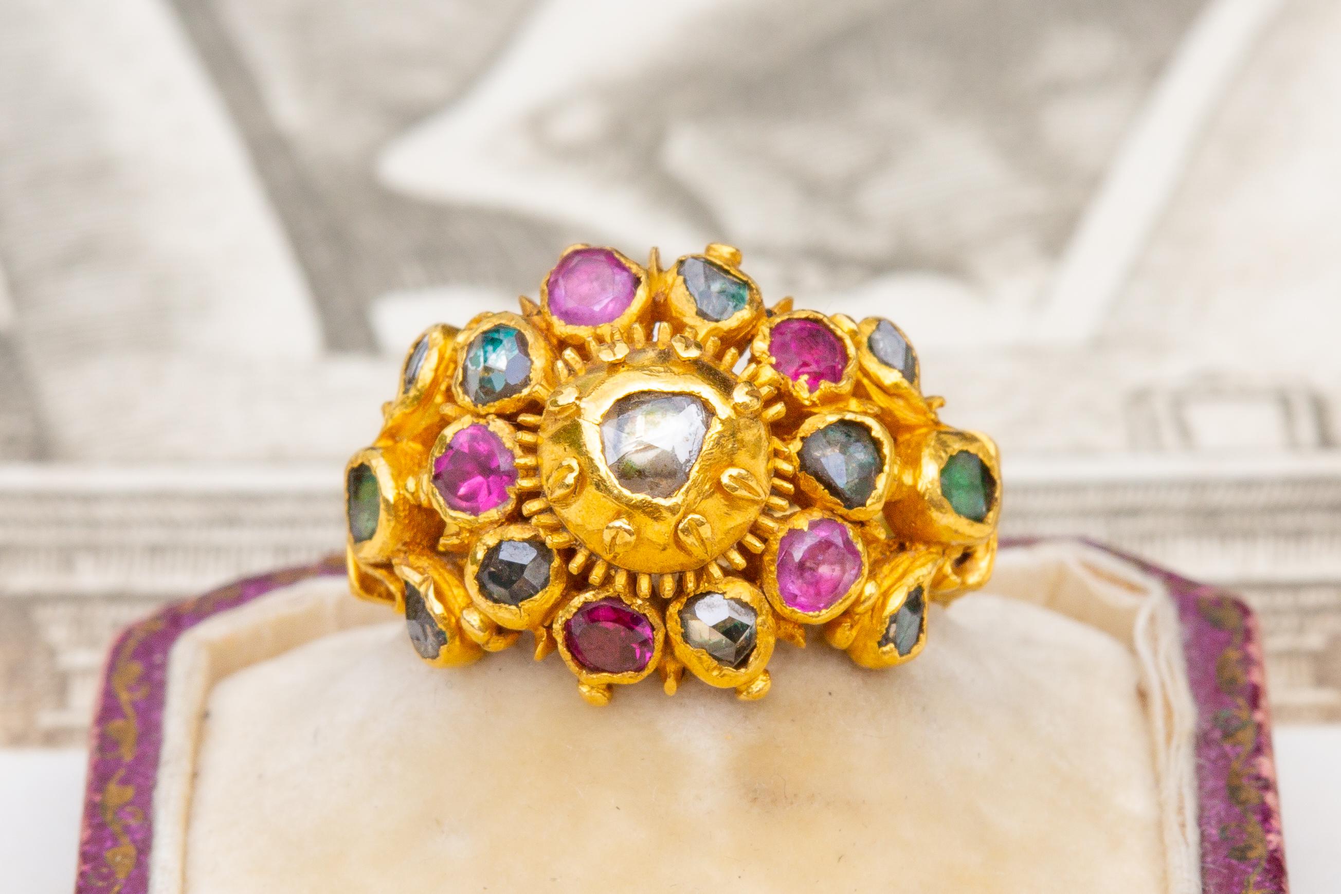 Rose Cut Antique Thai Siam 19th Century Gold Princely Gem-Set Cluster Ring Ruby Emerald For Sale