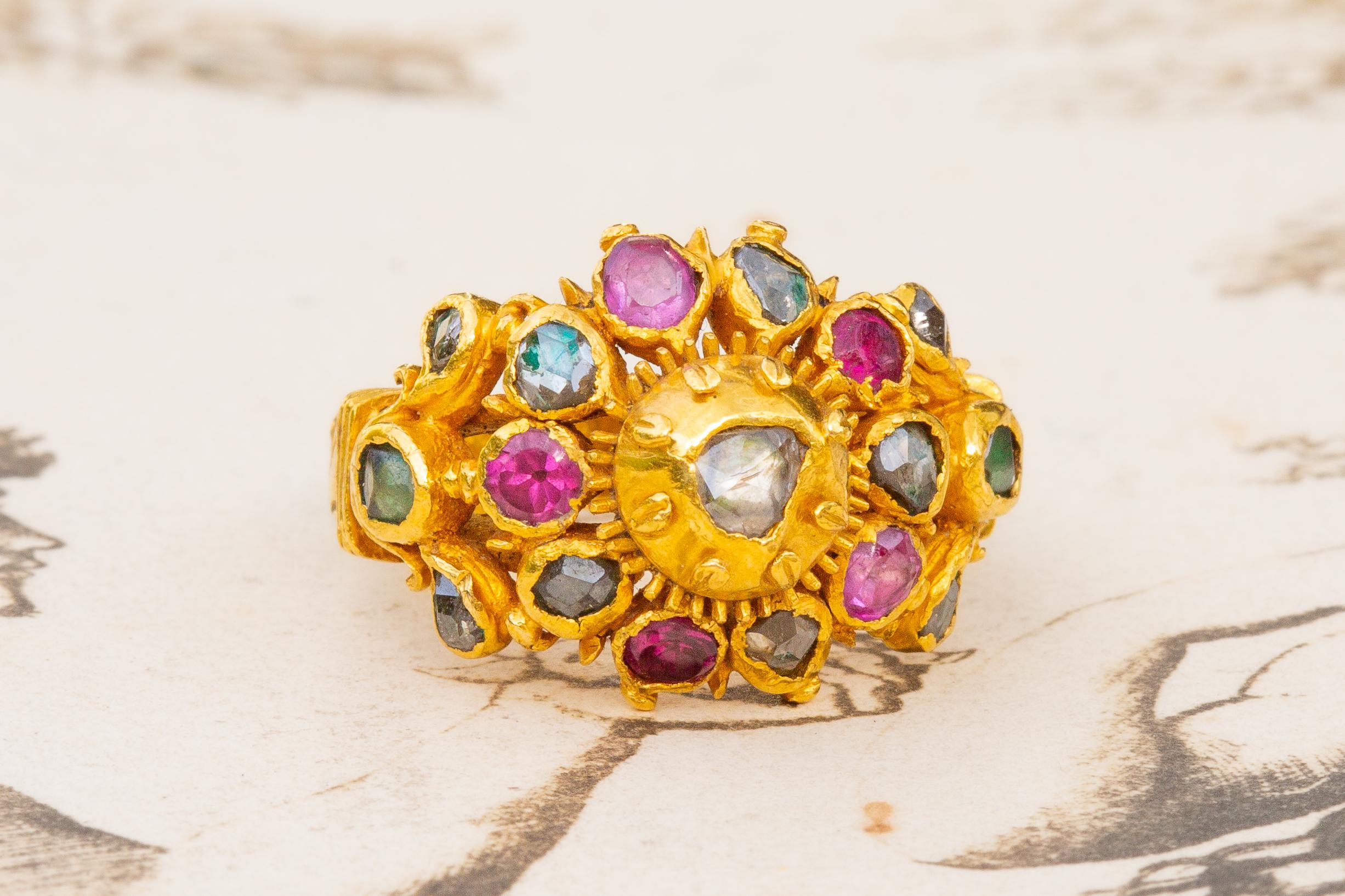 Women's or Men's Antique Thai Siam 19th Century Gold Princely Gem-Set Cluster Ring Ruby Emerald For Sale
